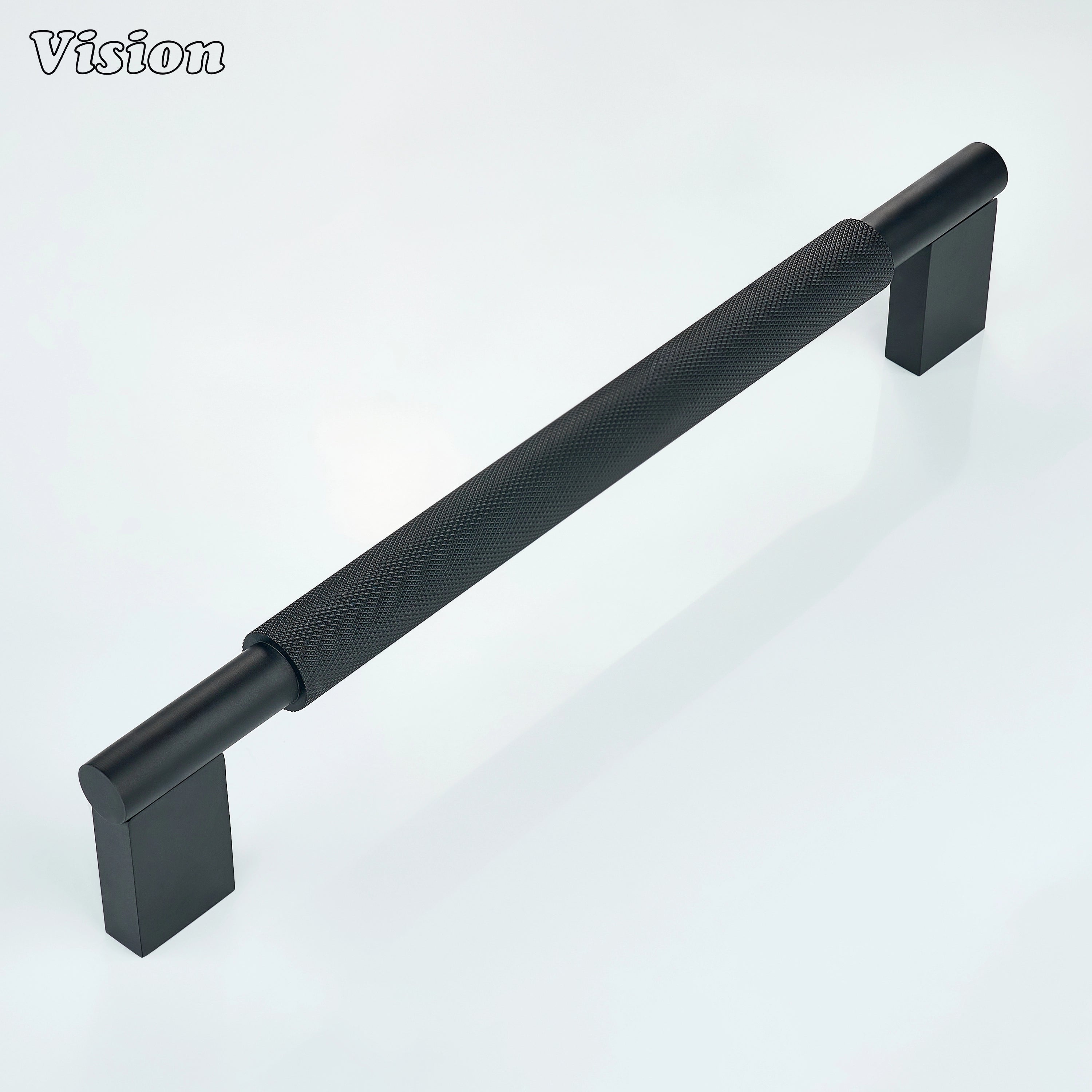 Black knurled appliance pull with cylindrical bar profile for wine coolers.