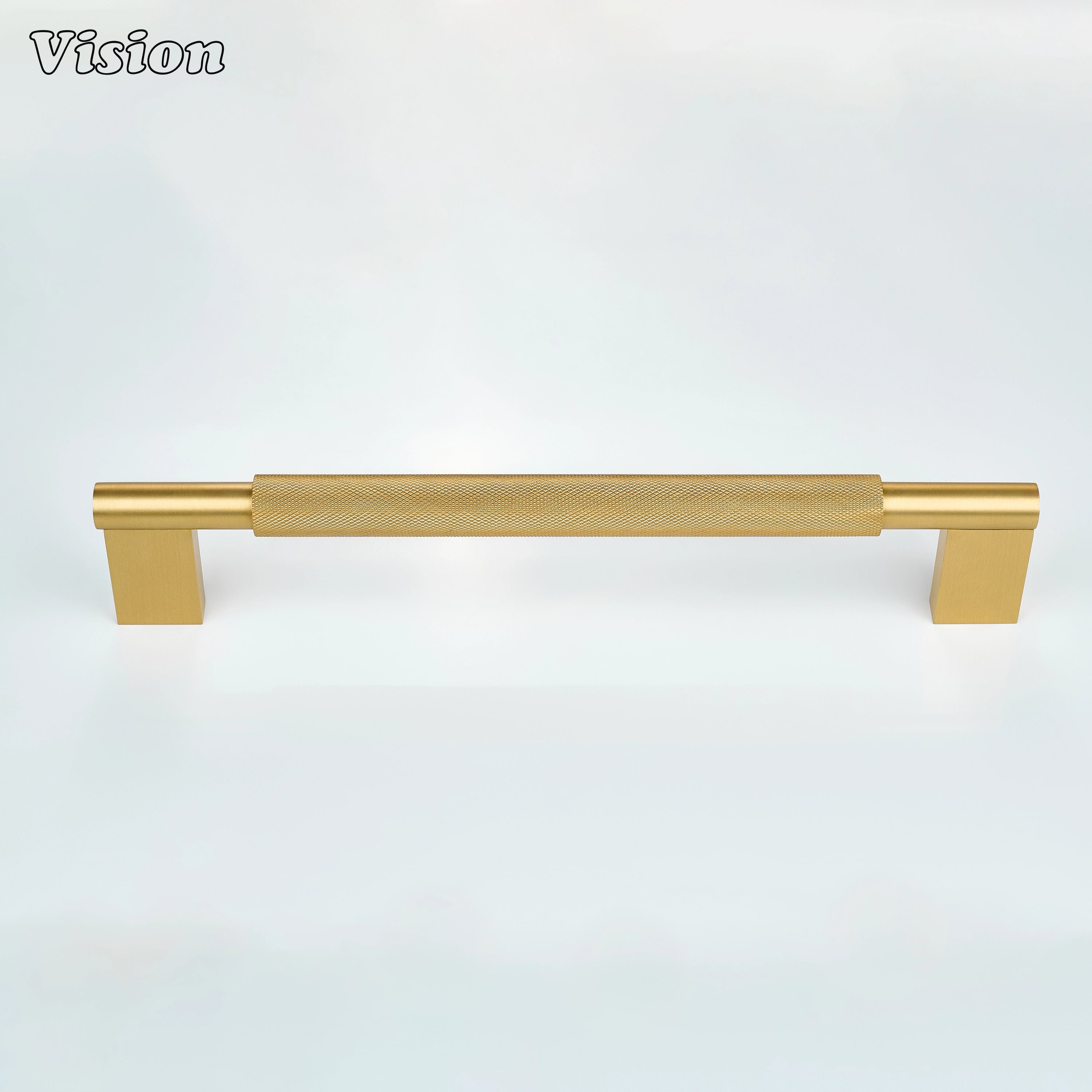 Gold brass appliance handle with rectangular mounts for large storage cabinets.