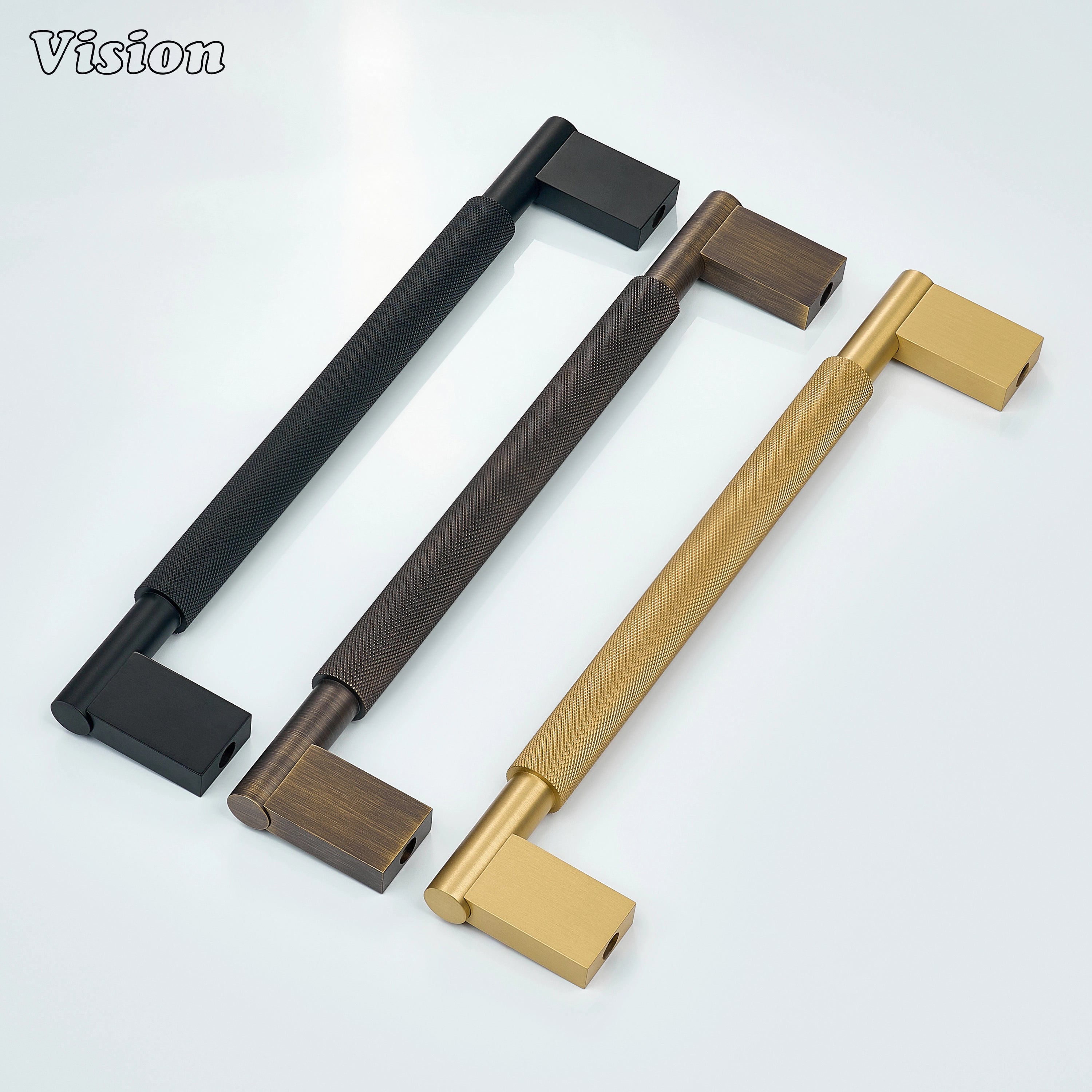 Gold textured appliance pull with precision knurling for oversized kitchen cabinetry.