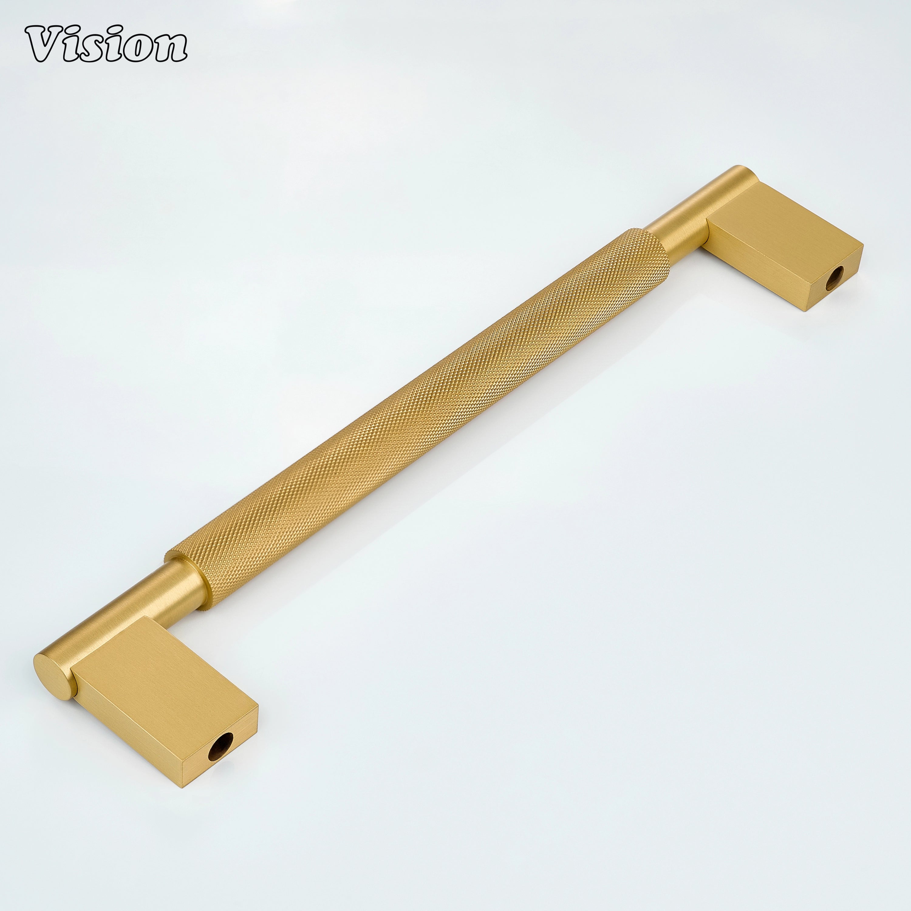 Gold knurled appliance handle with detailed grip texture for pantry cabinets.