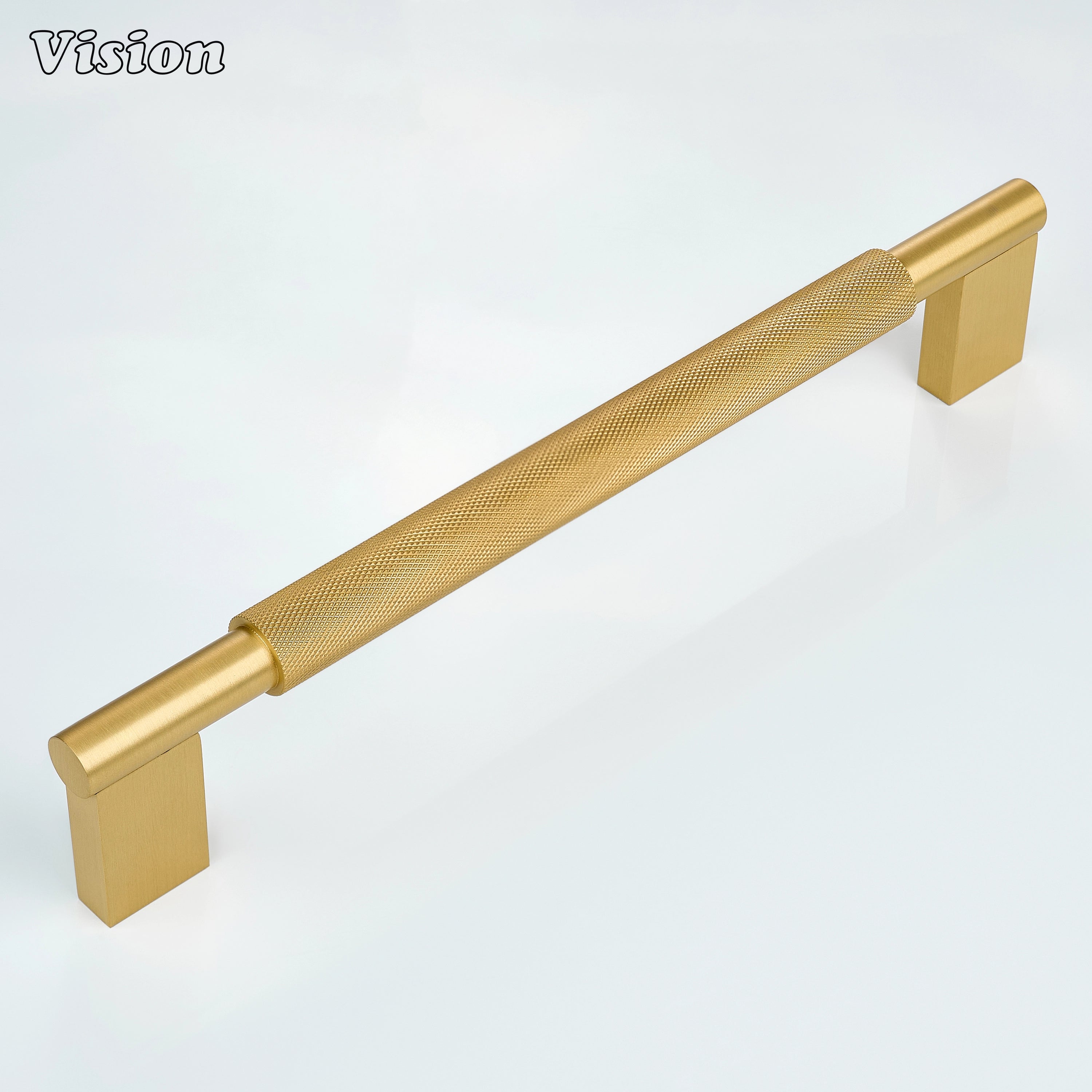 Gold textured appliance pull with cylindrical bar profile for integrated wine coolers.