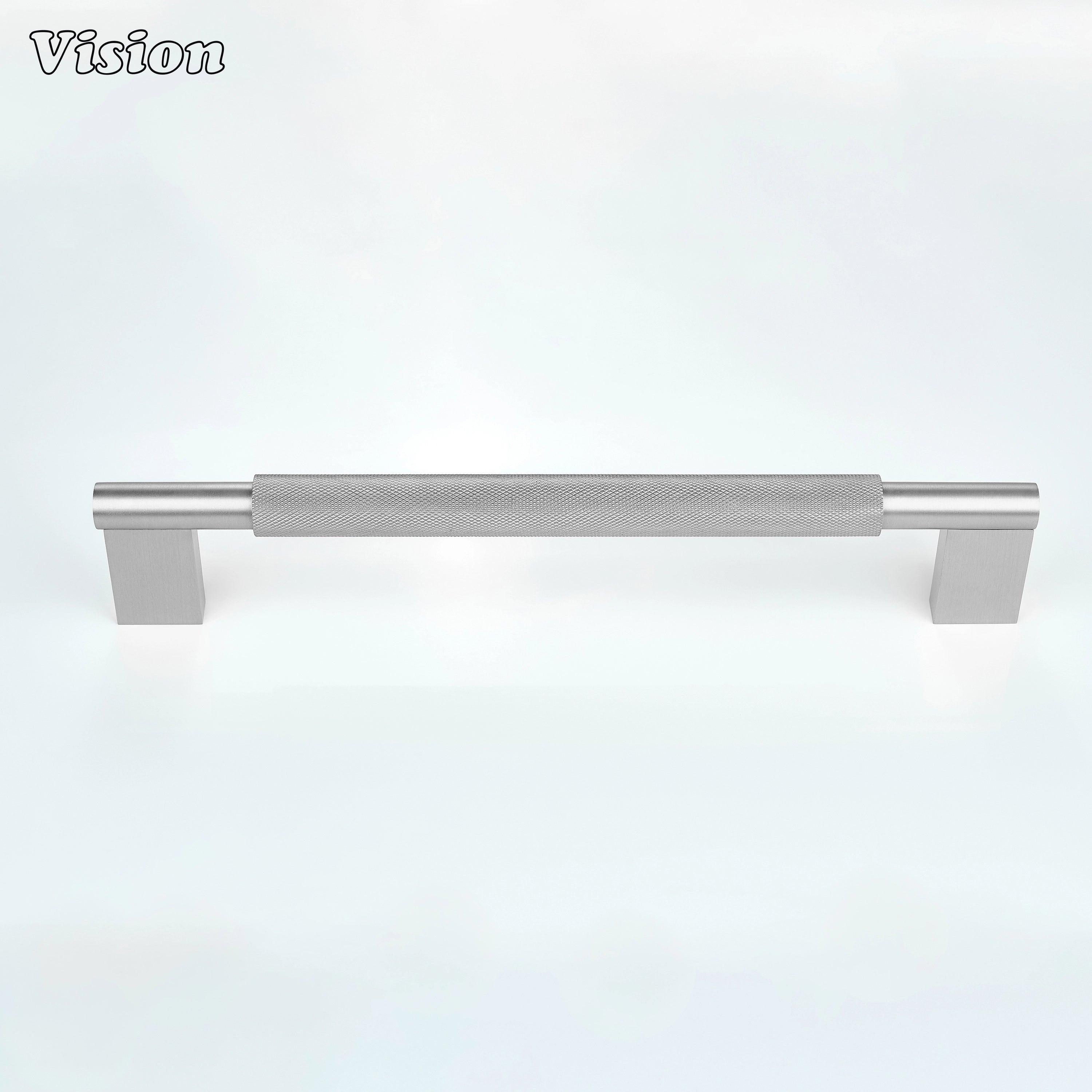 Silver appliance handle with detailed grip texture for oversized cabinet doors.