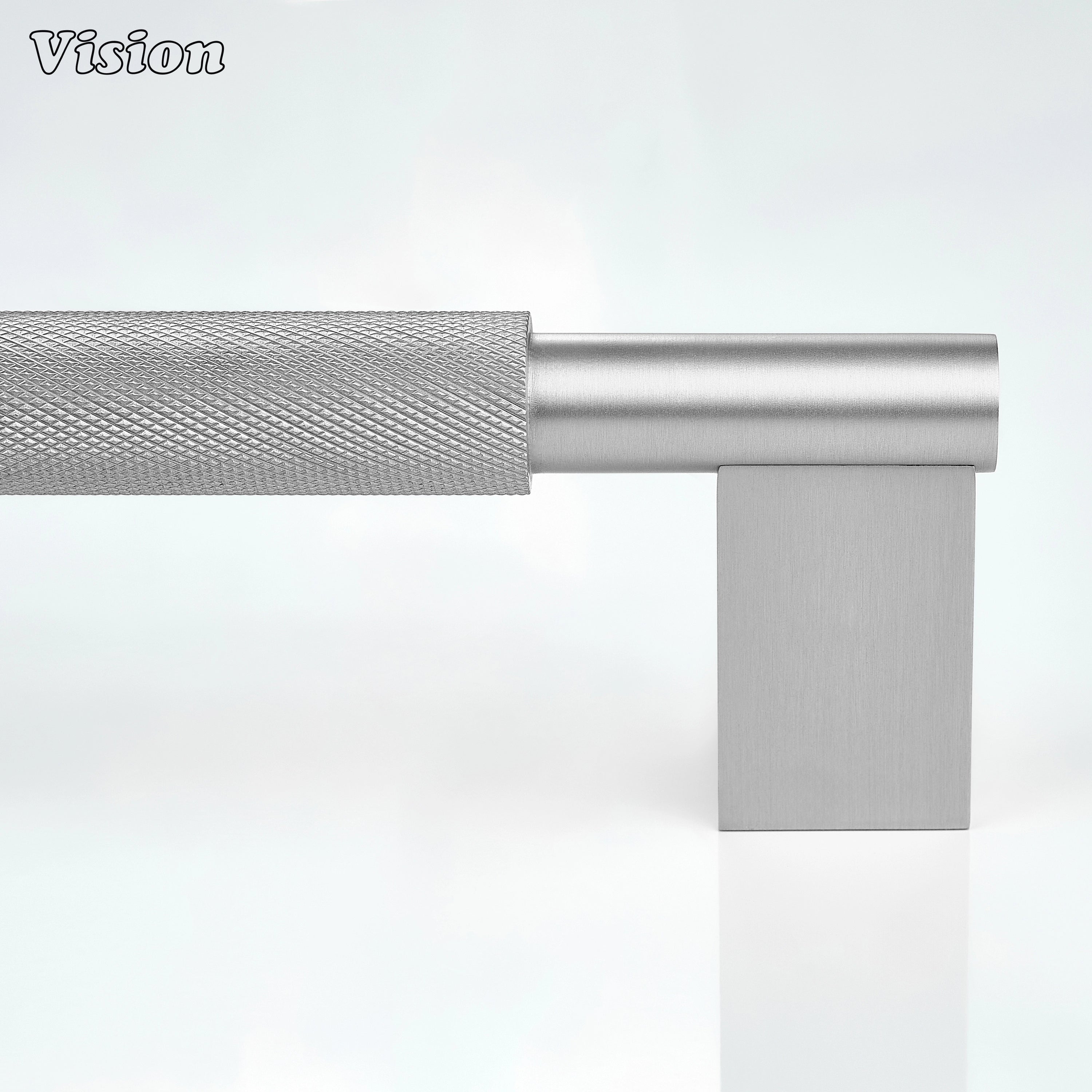 Silver textured appliance handle with rectangular mounts for pantry storage.