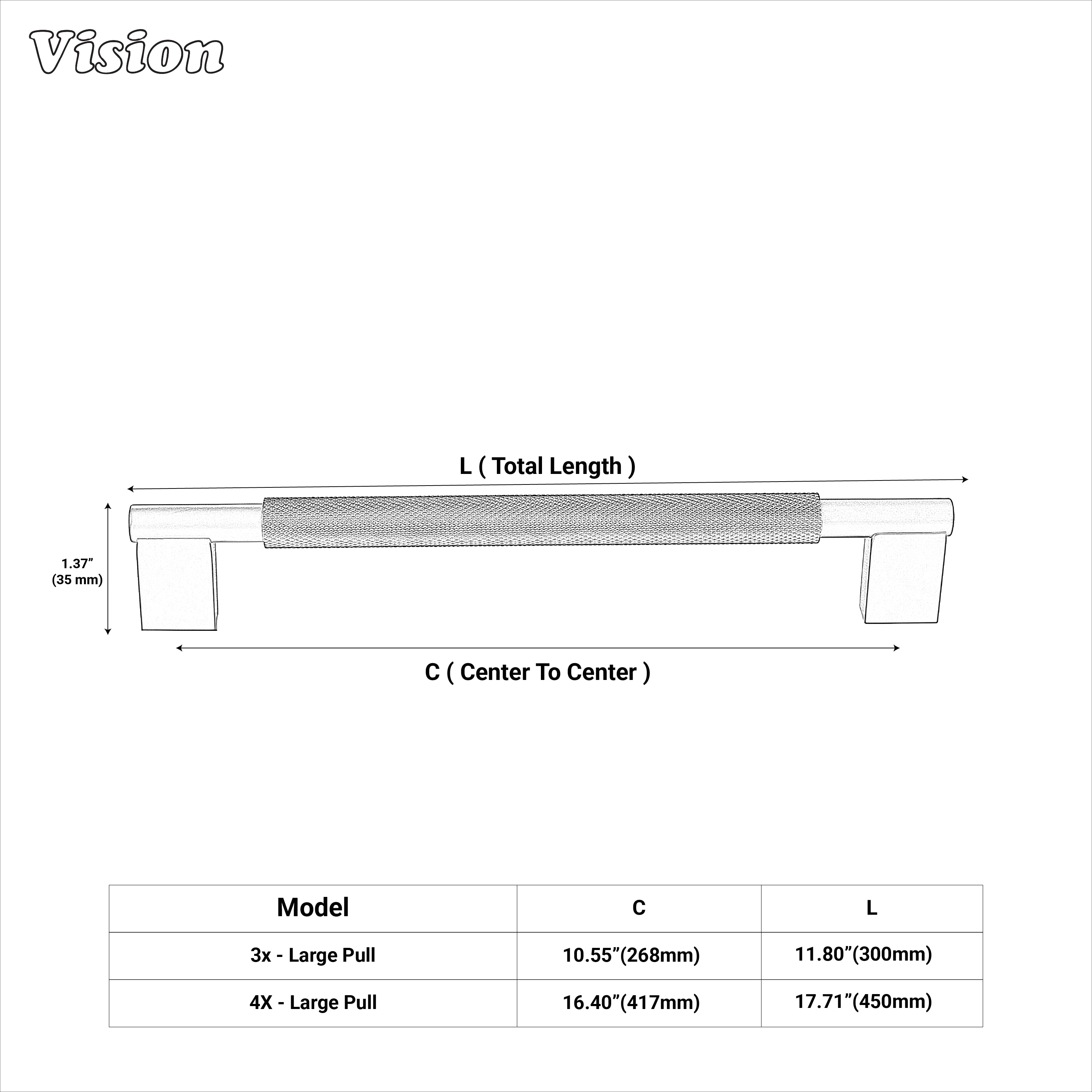 Silver knurled appliance handle with textured grip for built-in refrigerators.