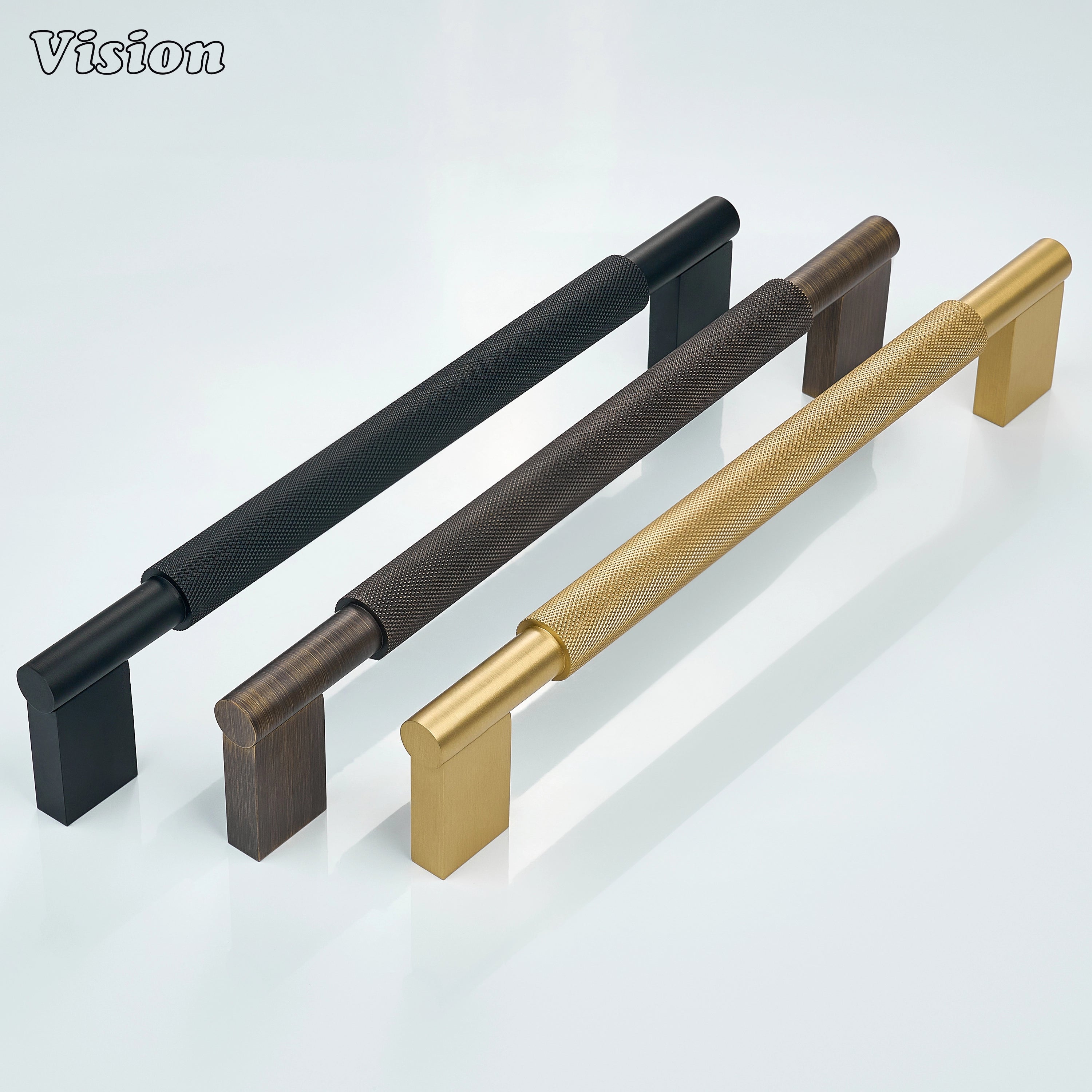 Silver knurled brass appliance pull for tall pantry cabinet doors.