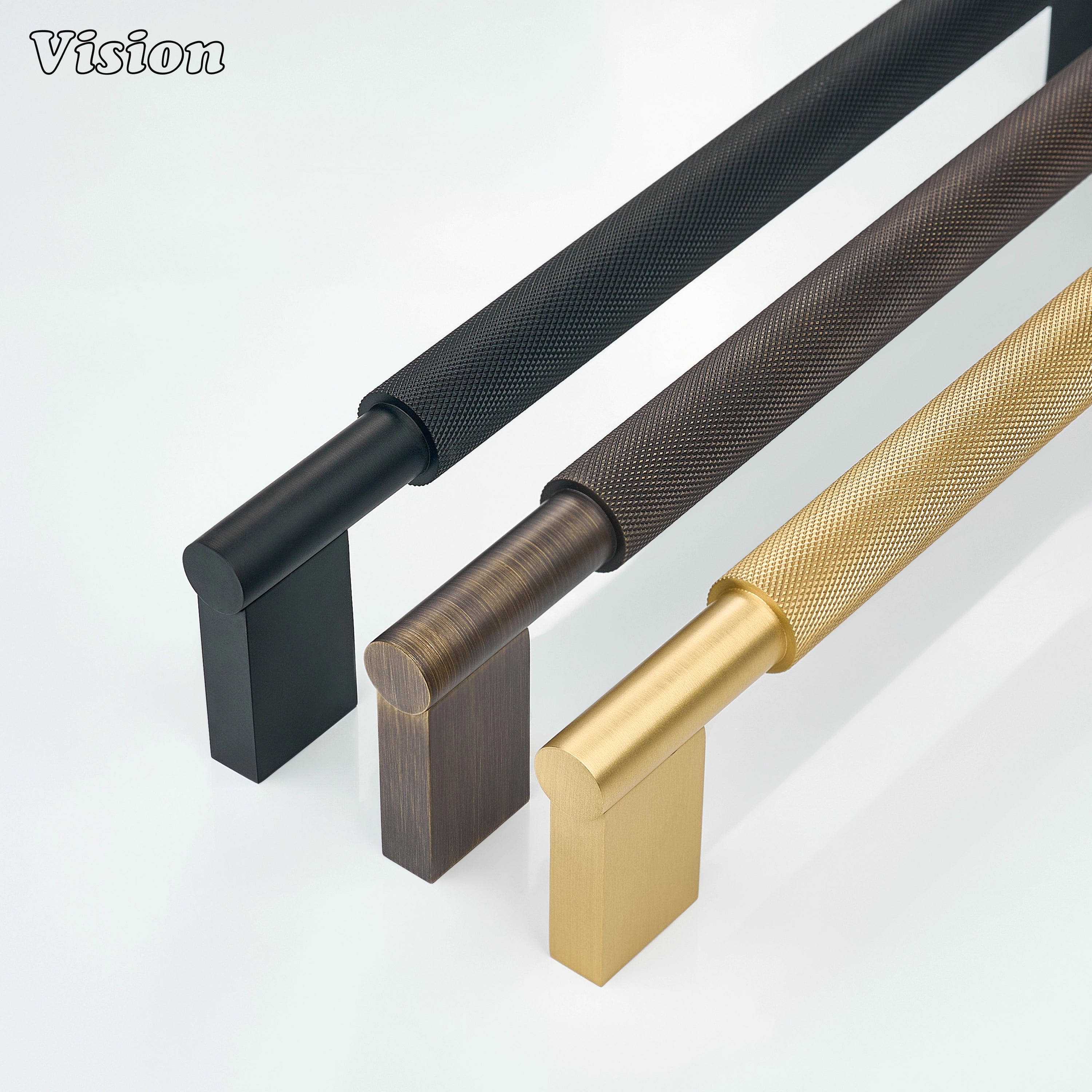Silver knurled appliance handle with round bar ends for refrigerator doors.