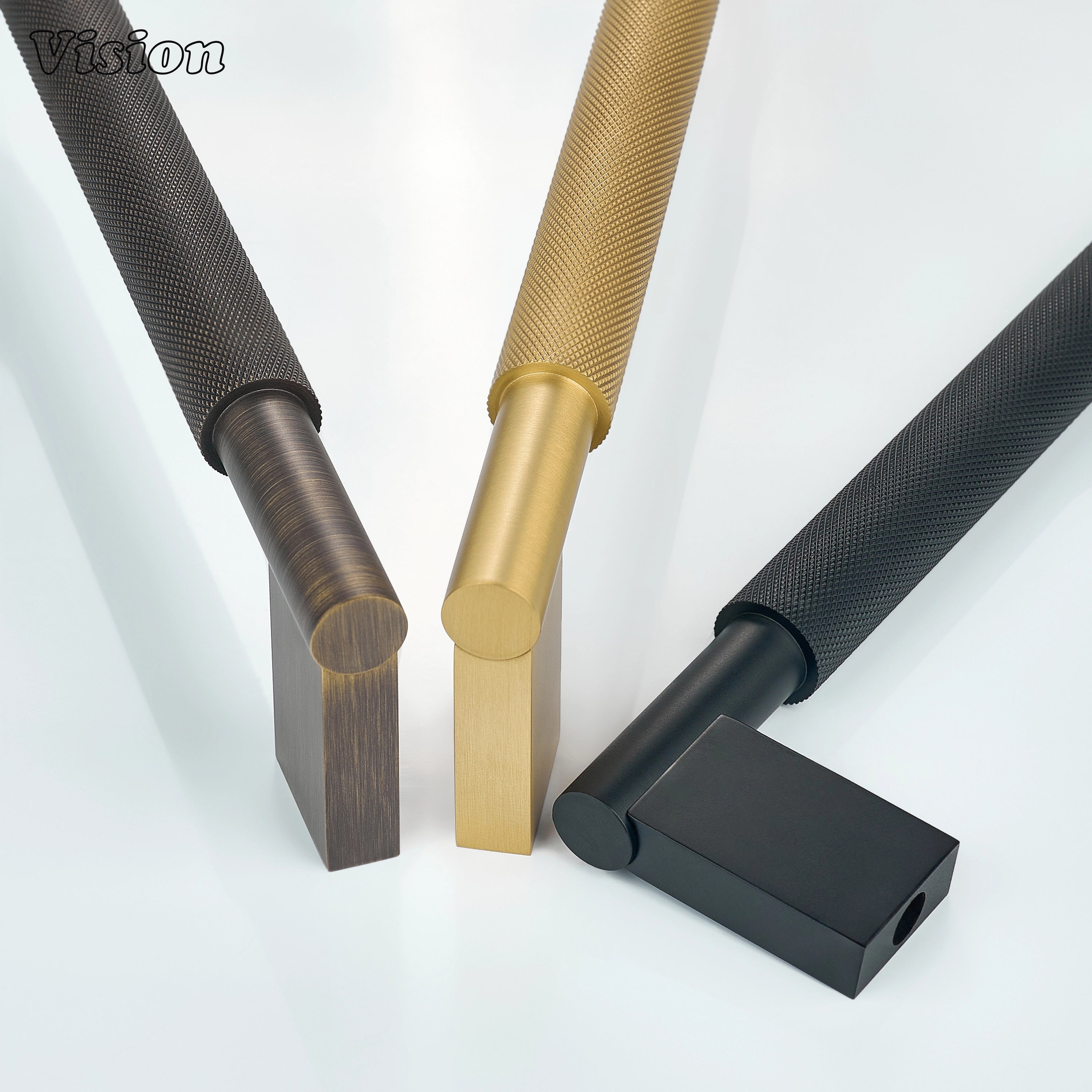 Silver brass appliance pull with structured supports for concealed appliances.