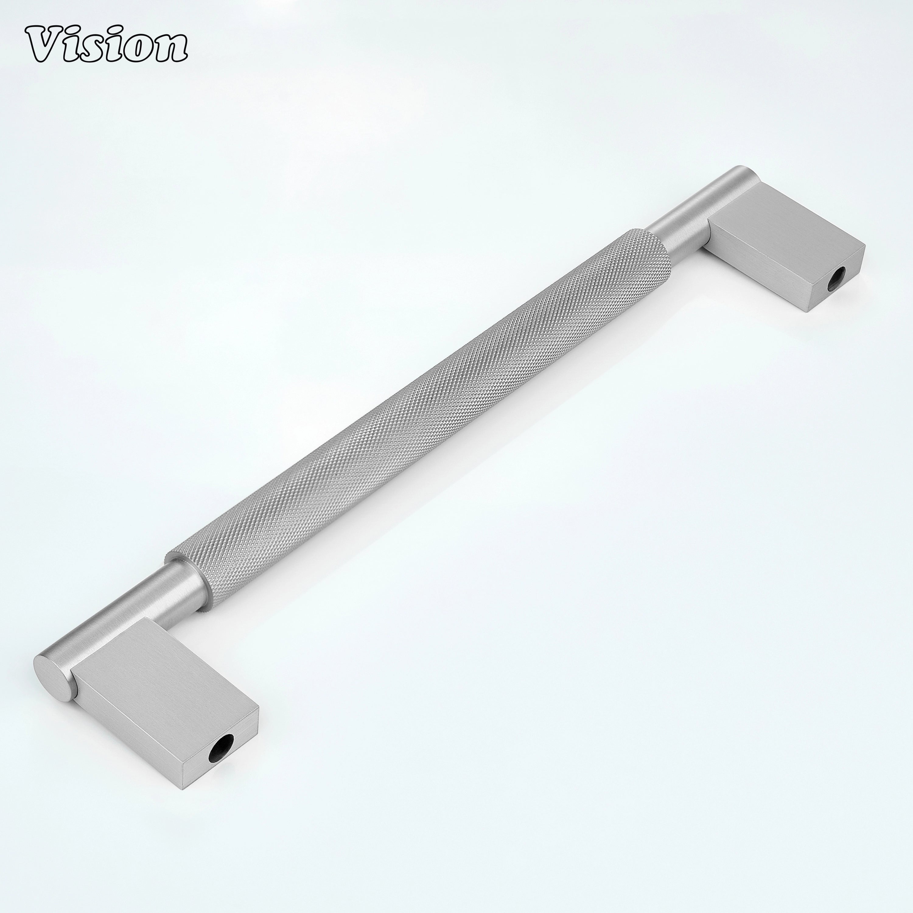Silver textured appliance handle for wine cooler panels.