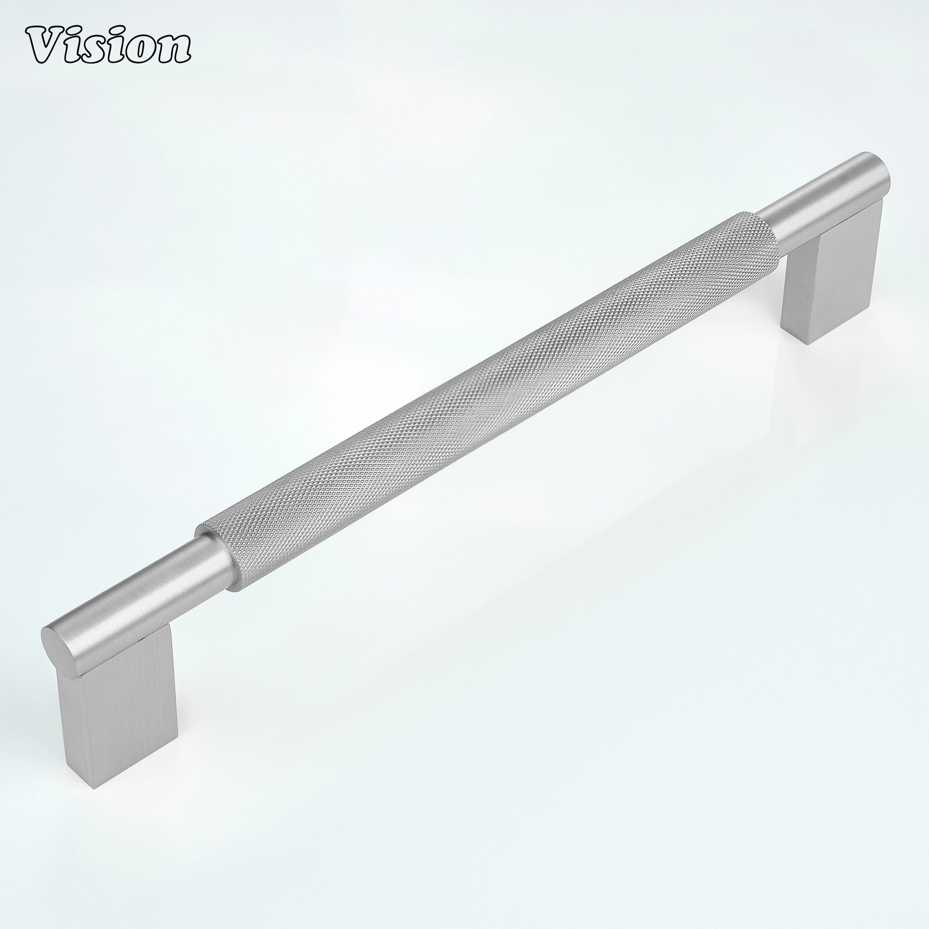 Silver knurled appliance pull with cylindrical profile for utility cabinets.