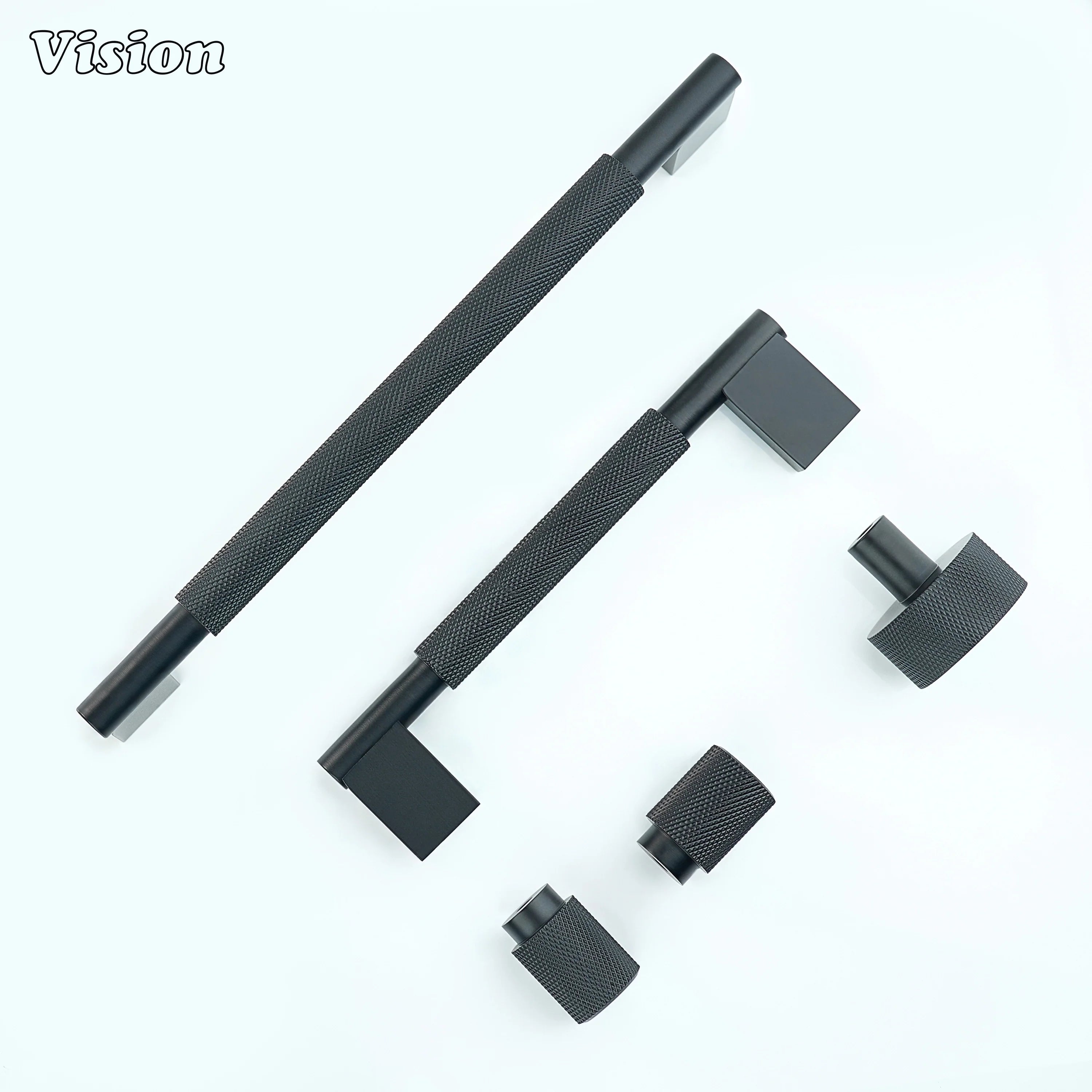 Black cabinet handle with knurled grip and square supports for wardrobes