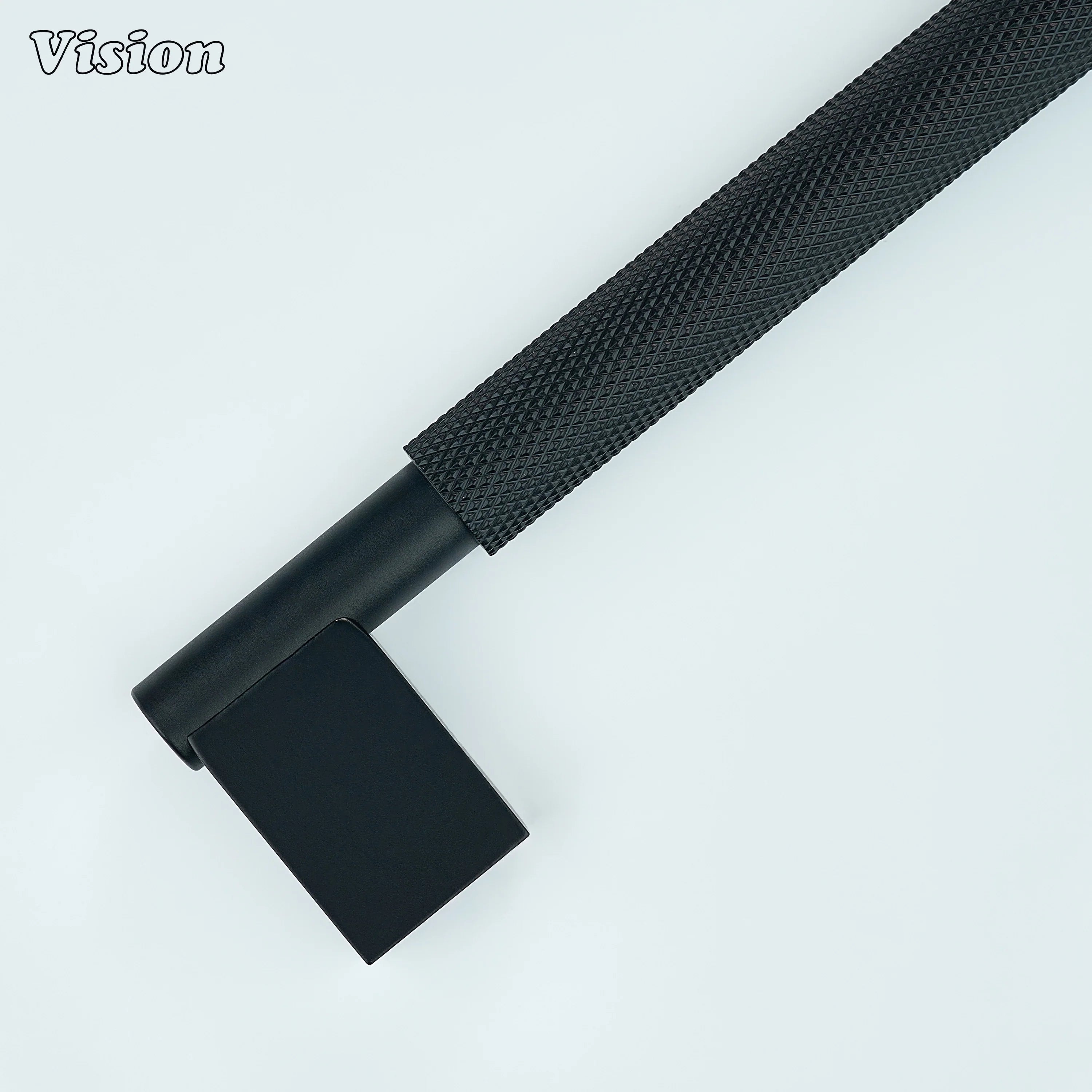 Black cabinet pull with knurled surface and structured legs