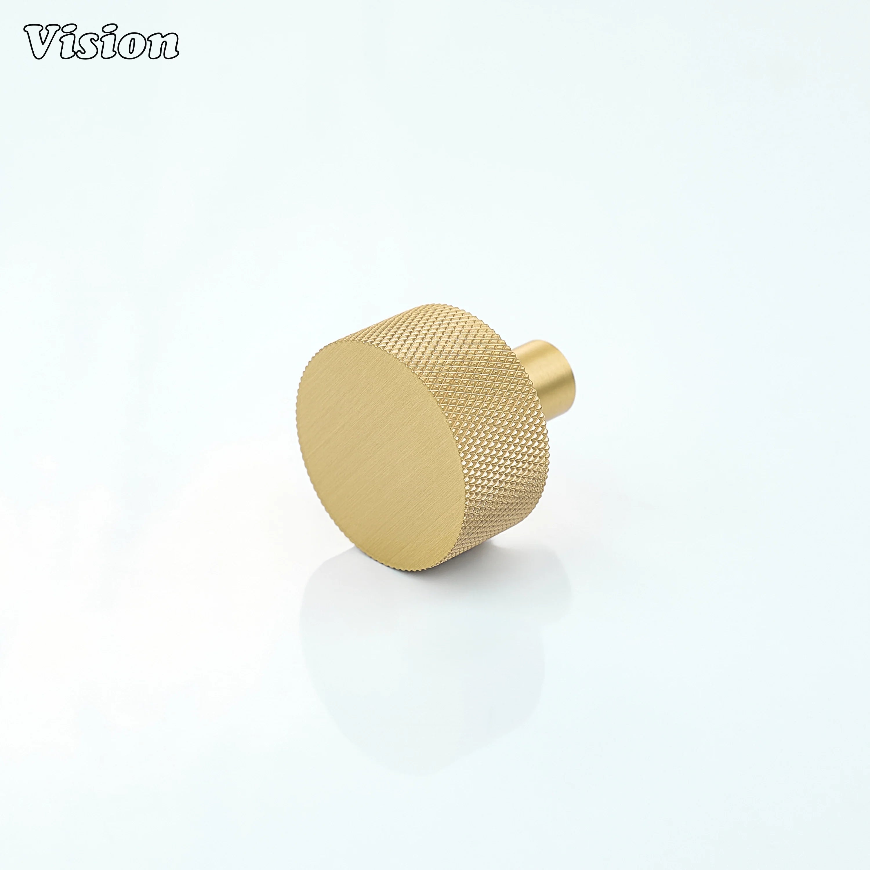 Gold cabinet knob with round knurled profile and solid brass build for kitchen cabinets