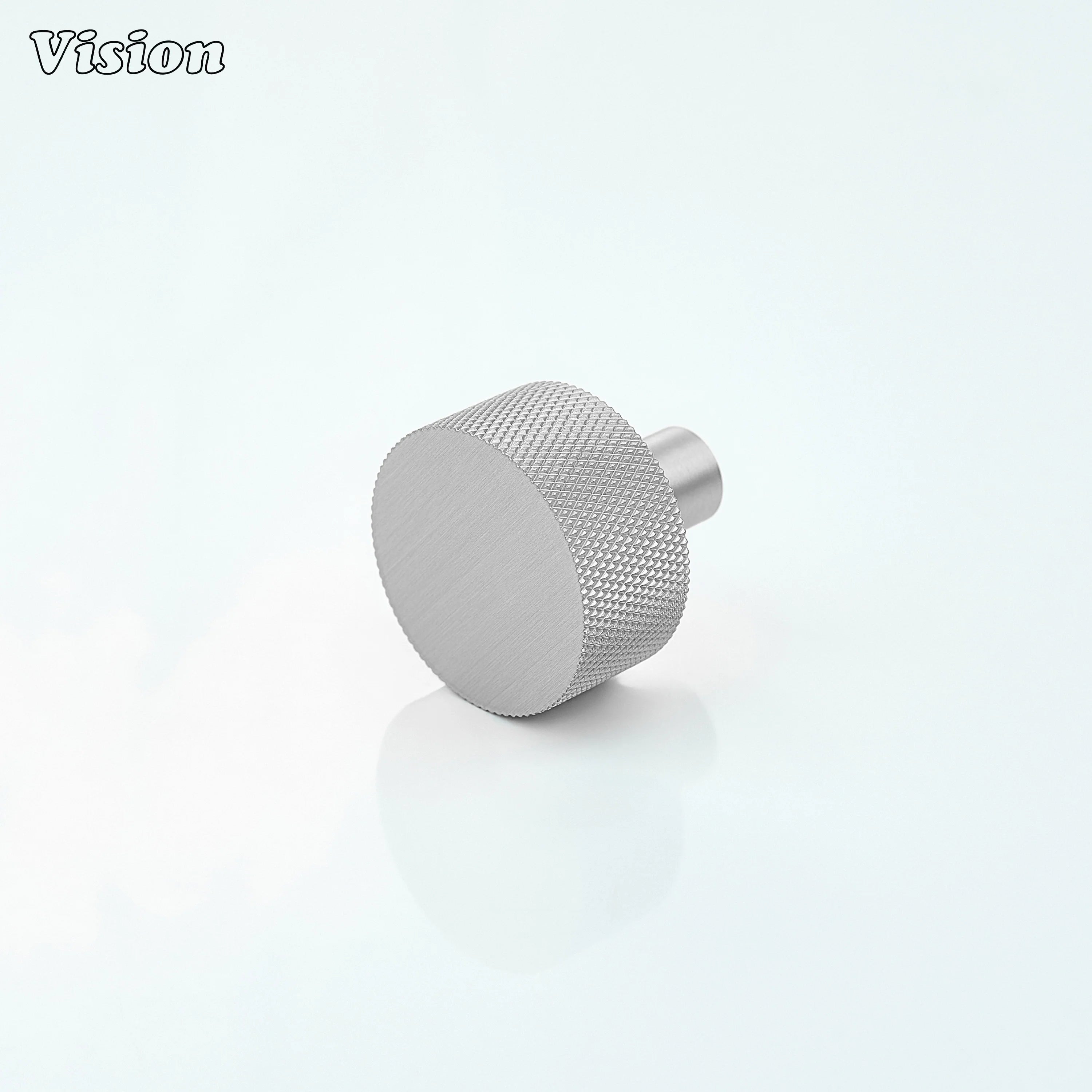 Silver cabinet knob with round knurled texture for kitchen cabinets