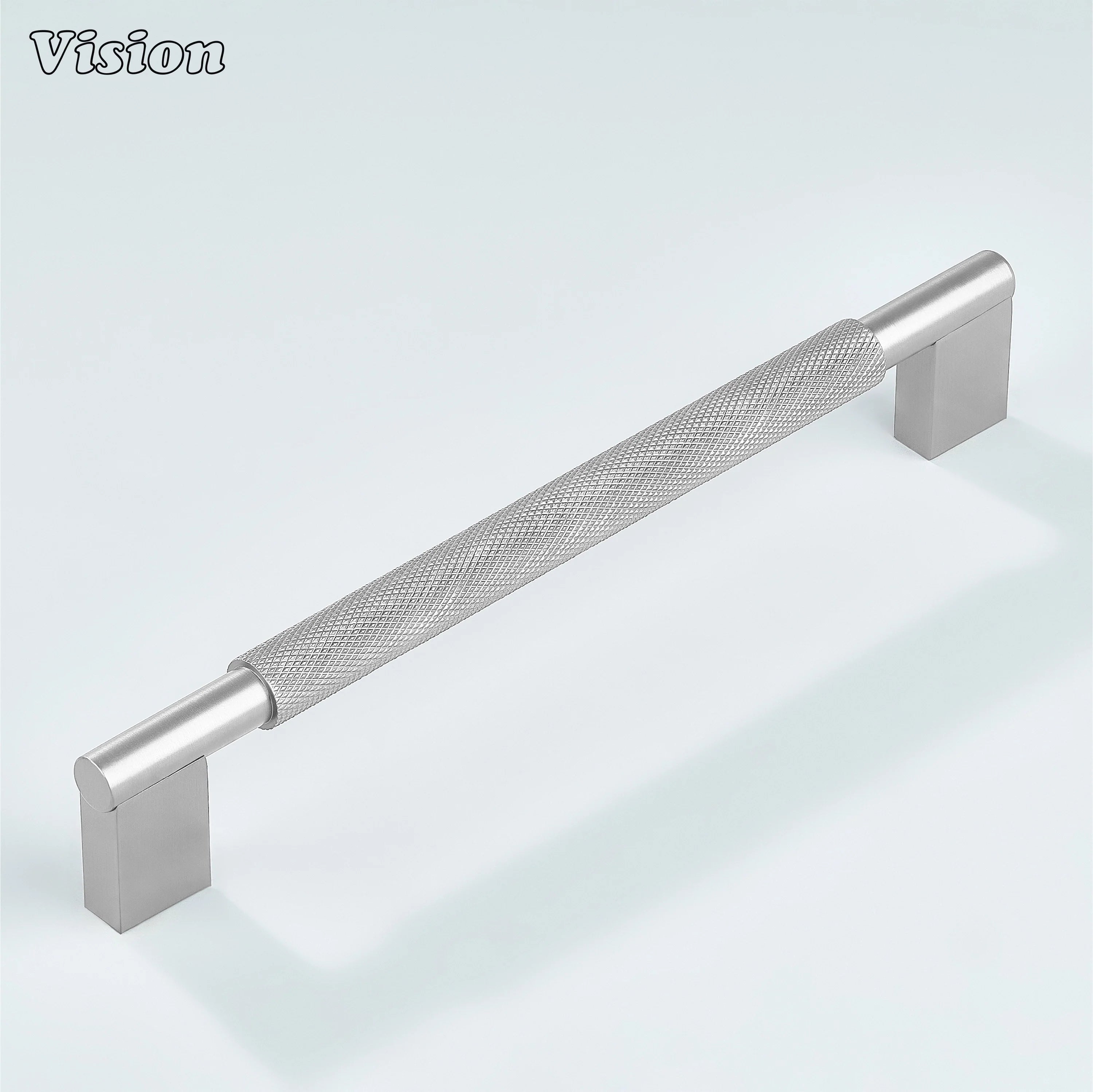 Silver knurled cabinet pull by Vision with modern square leg profile