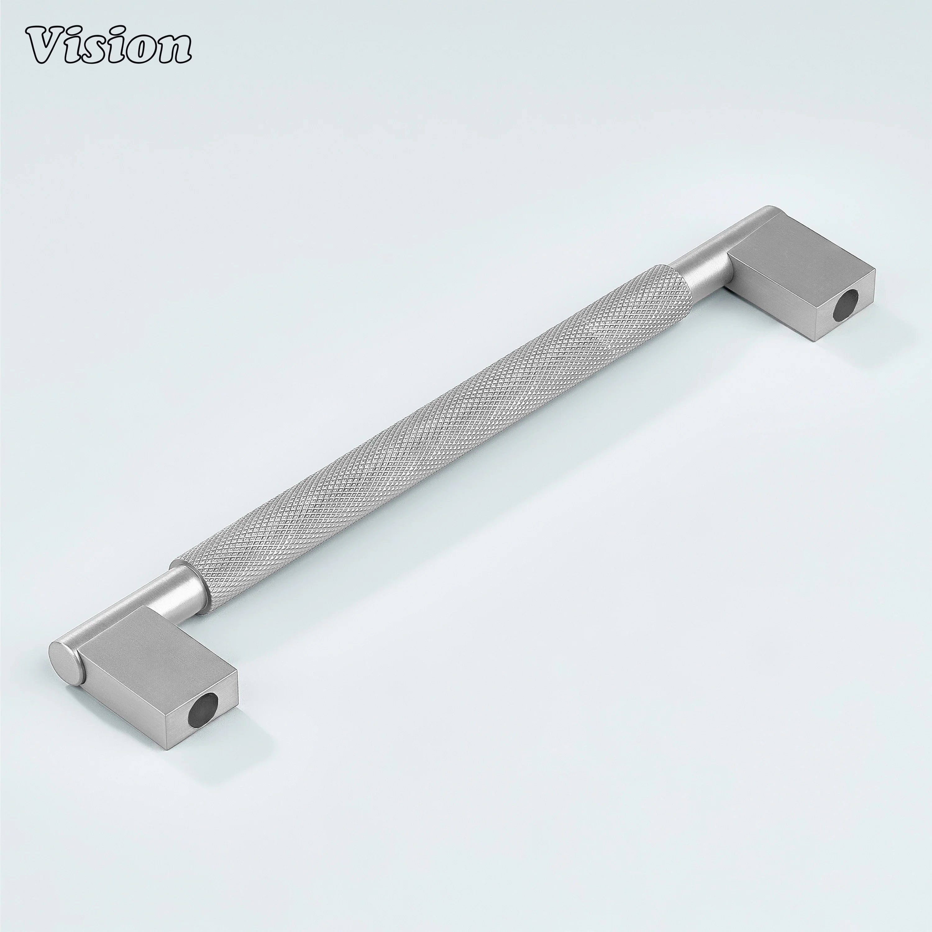 Kronos Silver finish knurled handle installed on kitchen cabinets