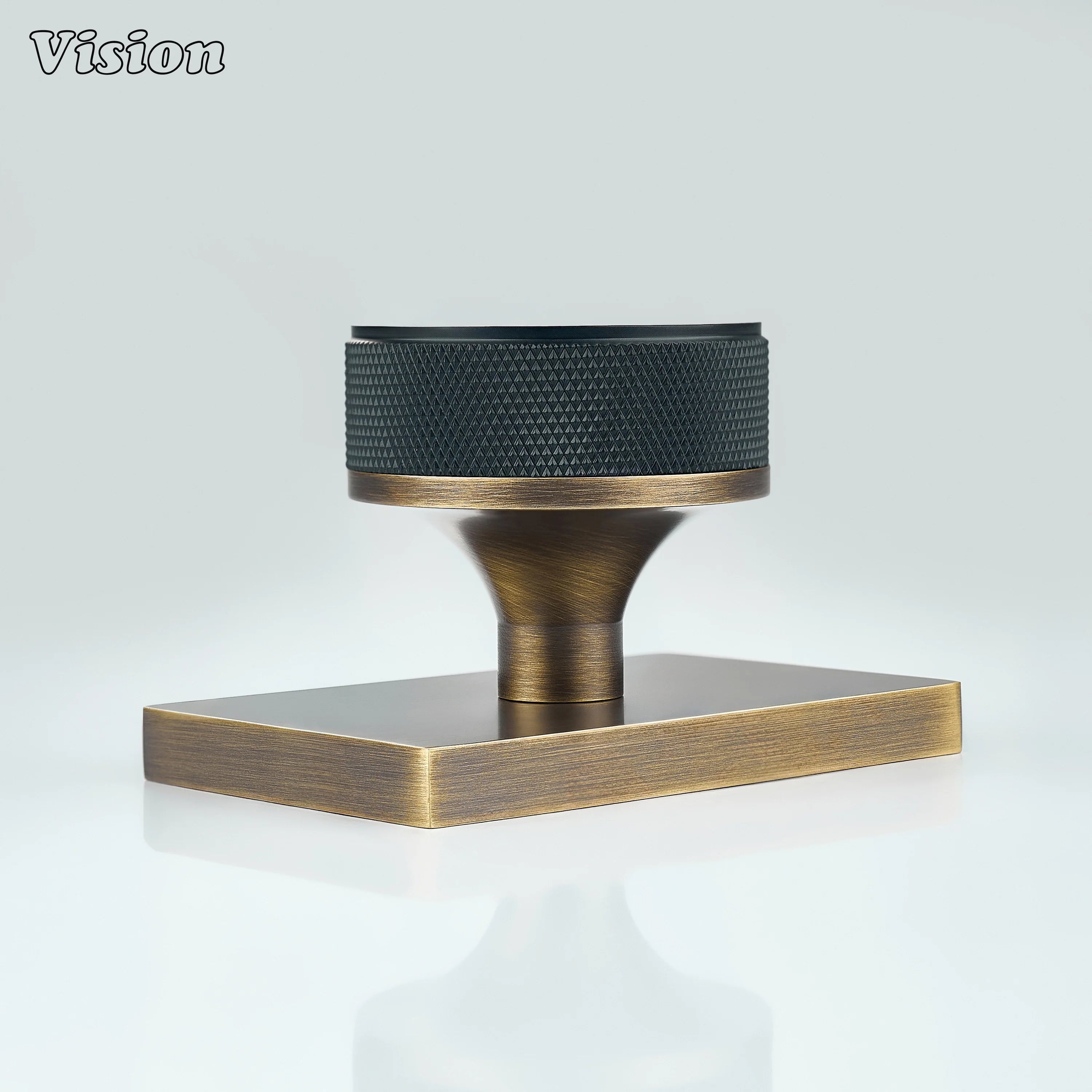 Black and Antique Bronze door knob with knurled grip and square plate