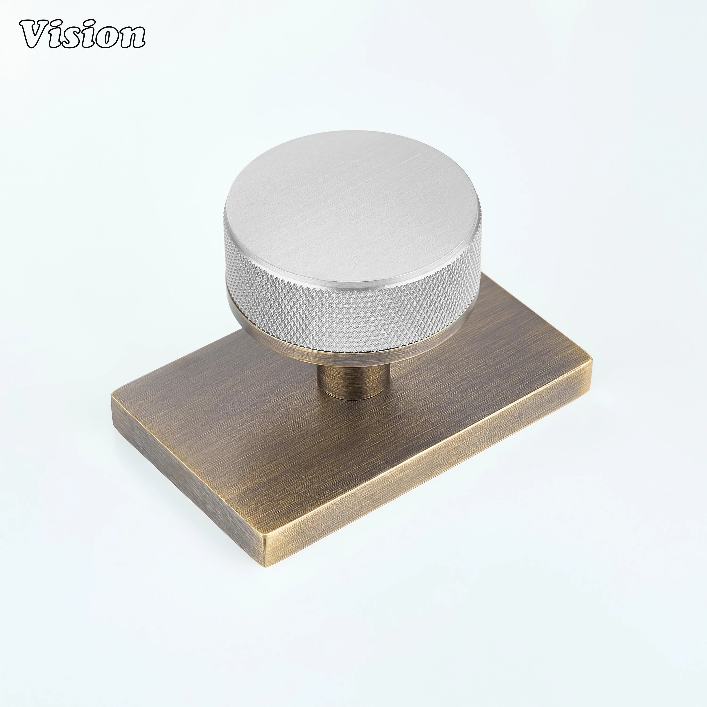 Silver and Antique Bronze knurled round door knob with silver knob and antique bronze backplate