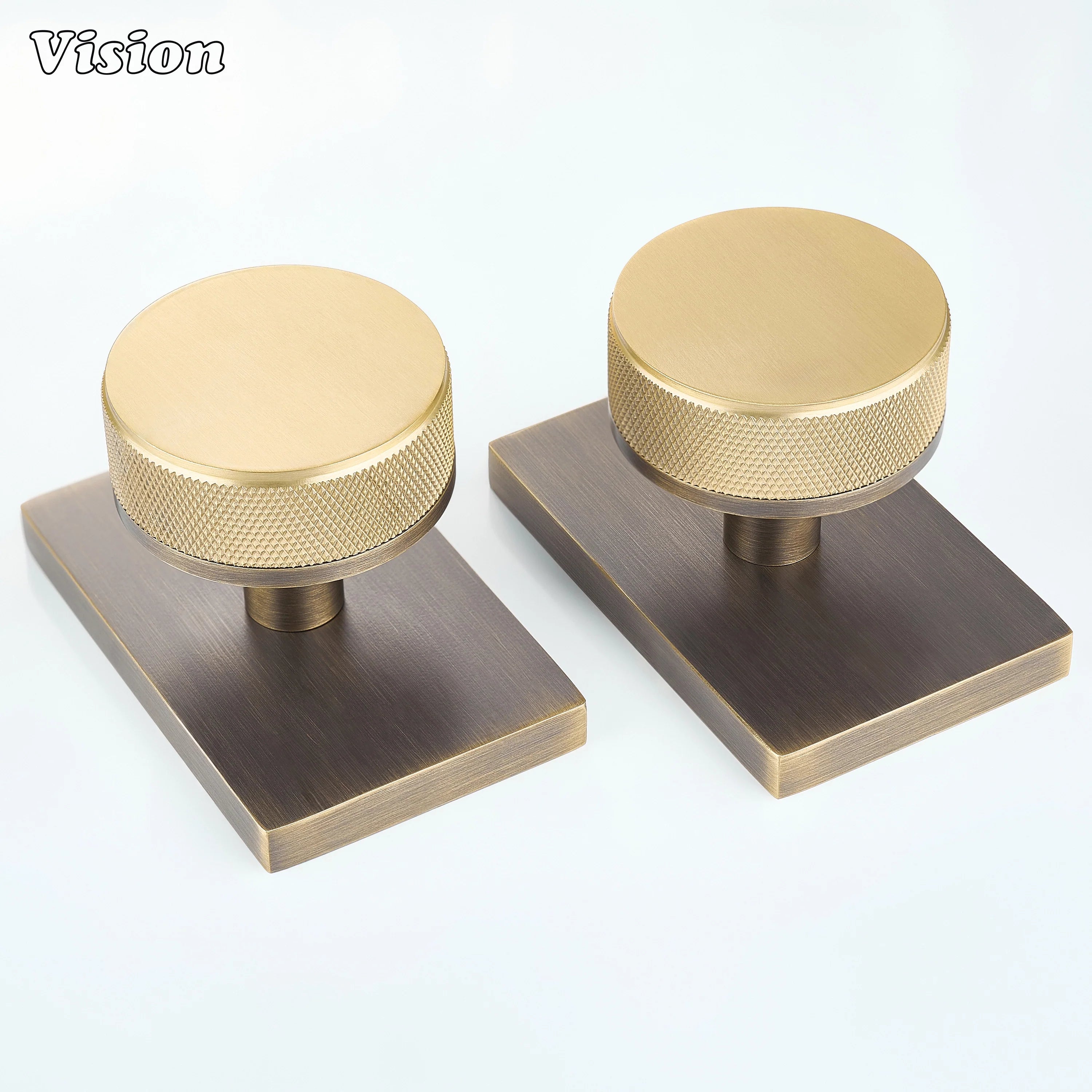 Gold and Antique Bronze round knurled door knob with contrasting rectangular backplate for modern doors