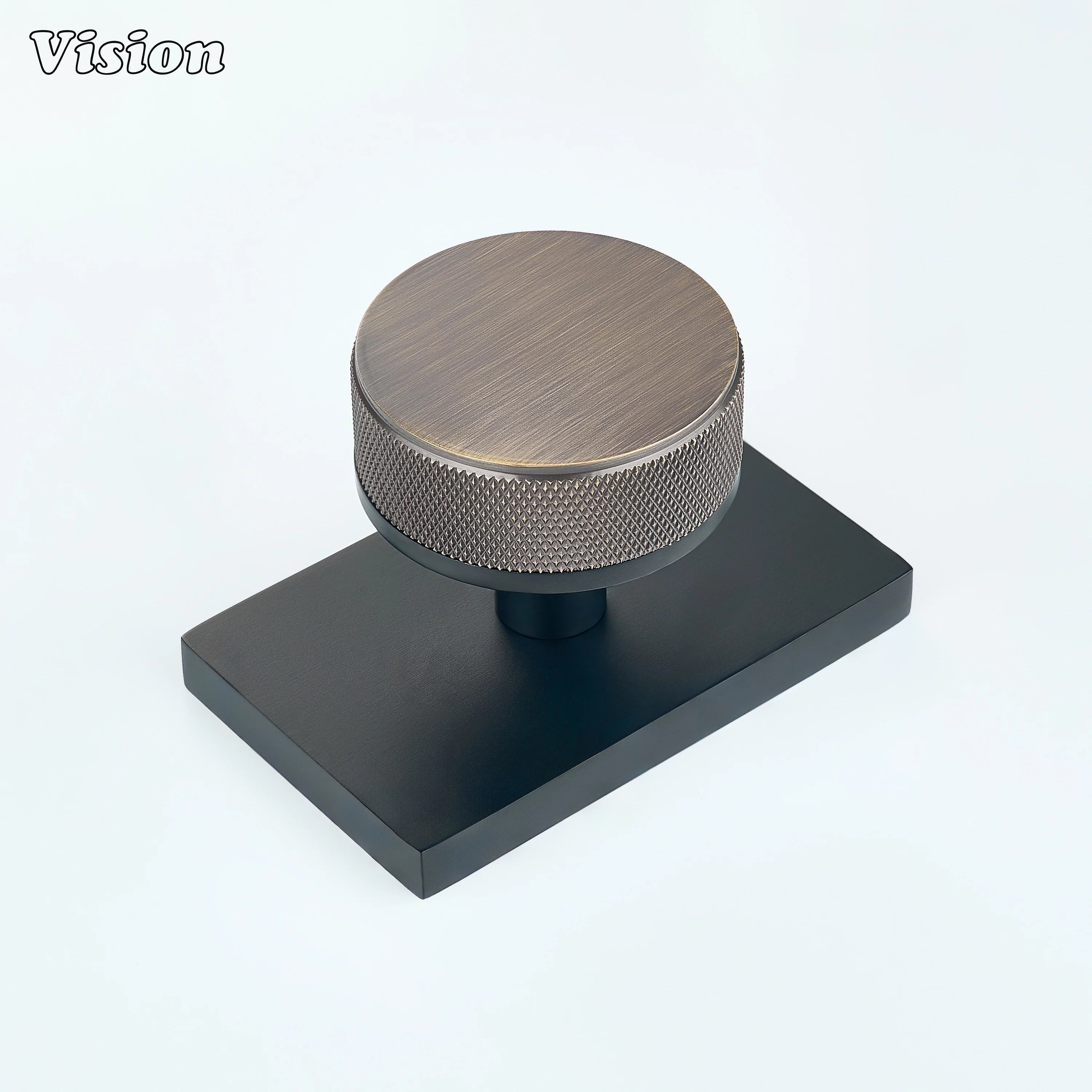 Antique Bronze and Black knurled round door knob with bronze knob and black rectangular backplate