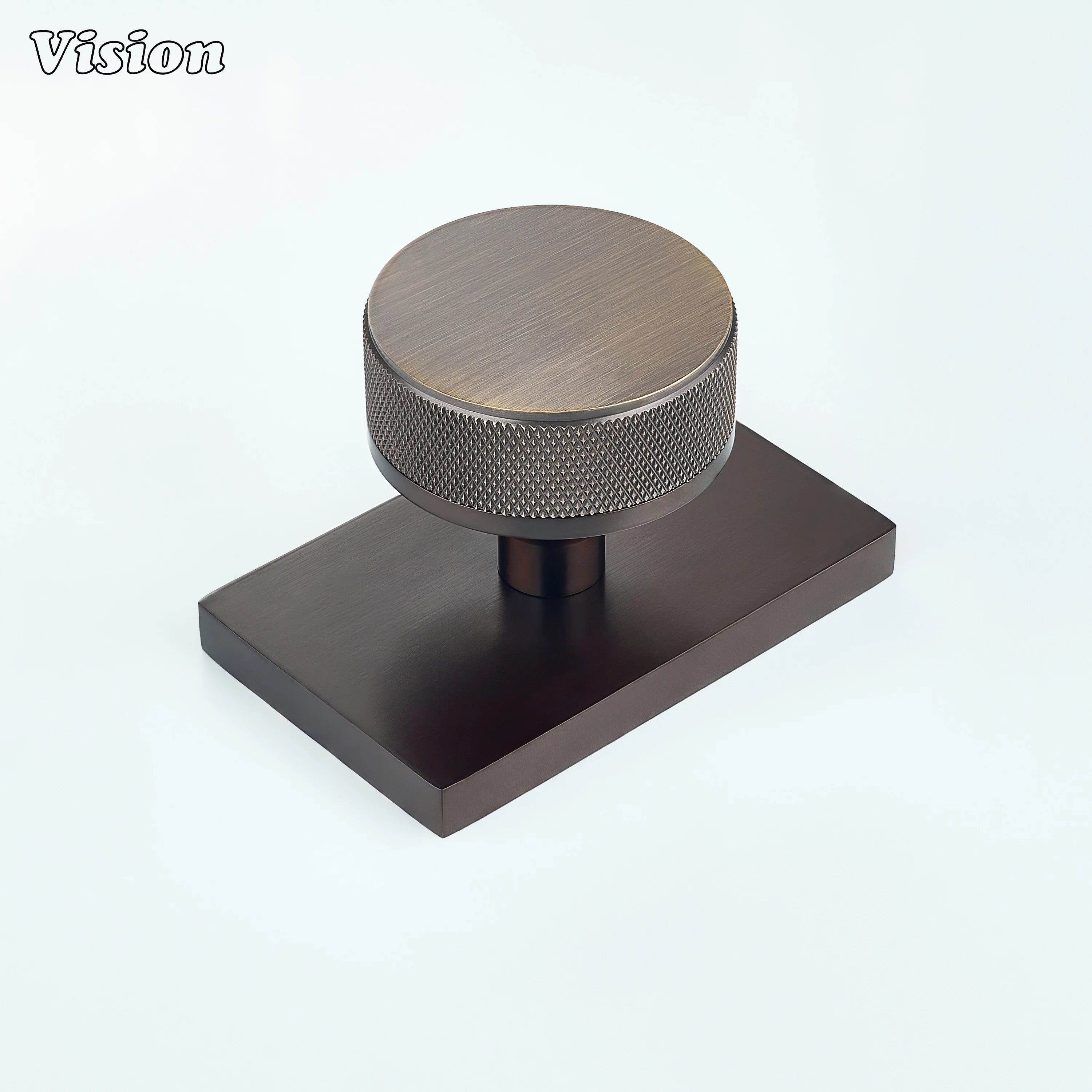 Antique Bronze and Oil Rubbed Bronze knurled round door knob with bronze knob and dark backplate