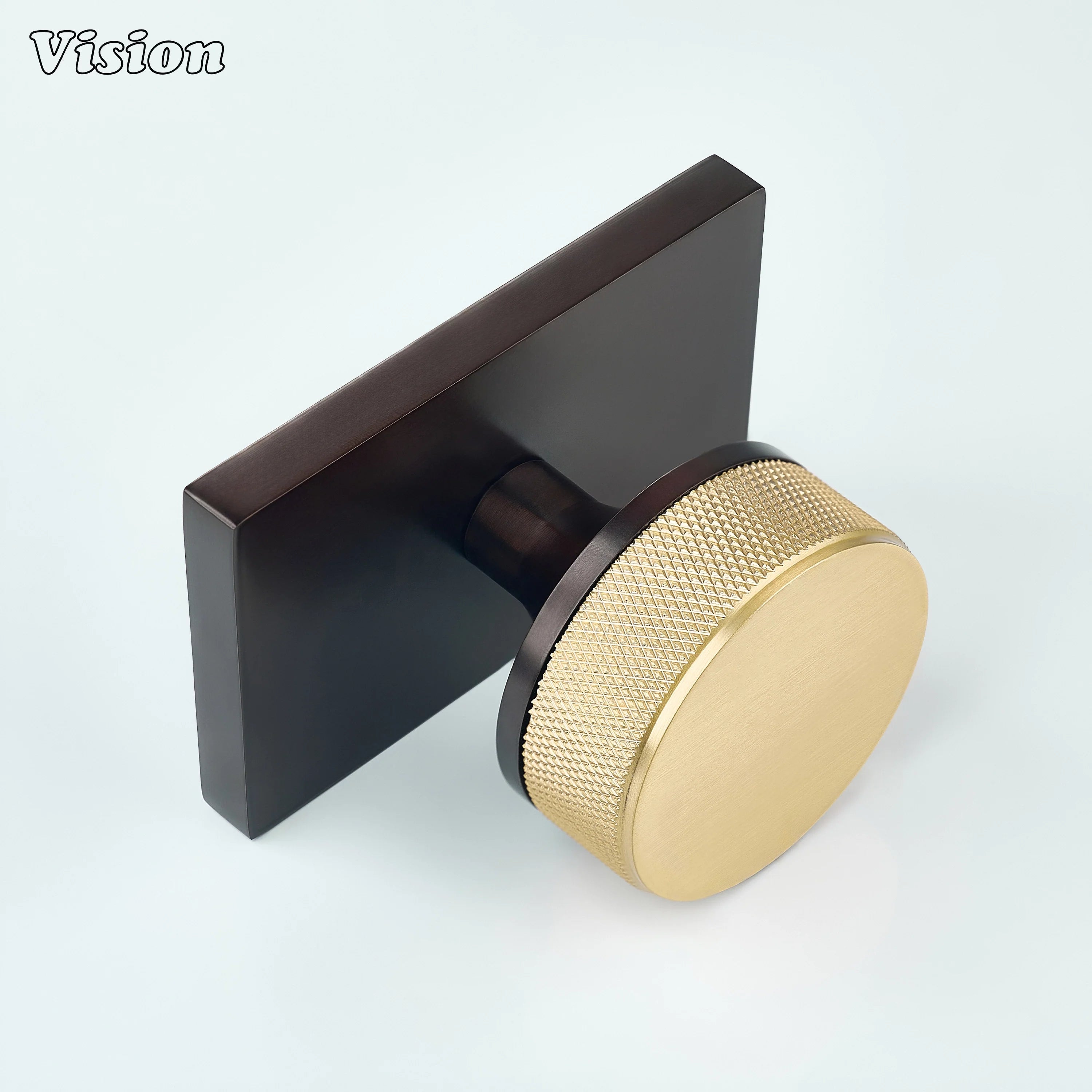 Gold and Oil Rubbed Bronze door knob with knurled grip and square plate