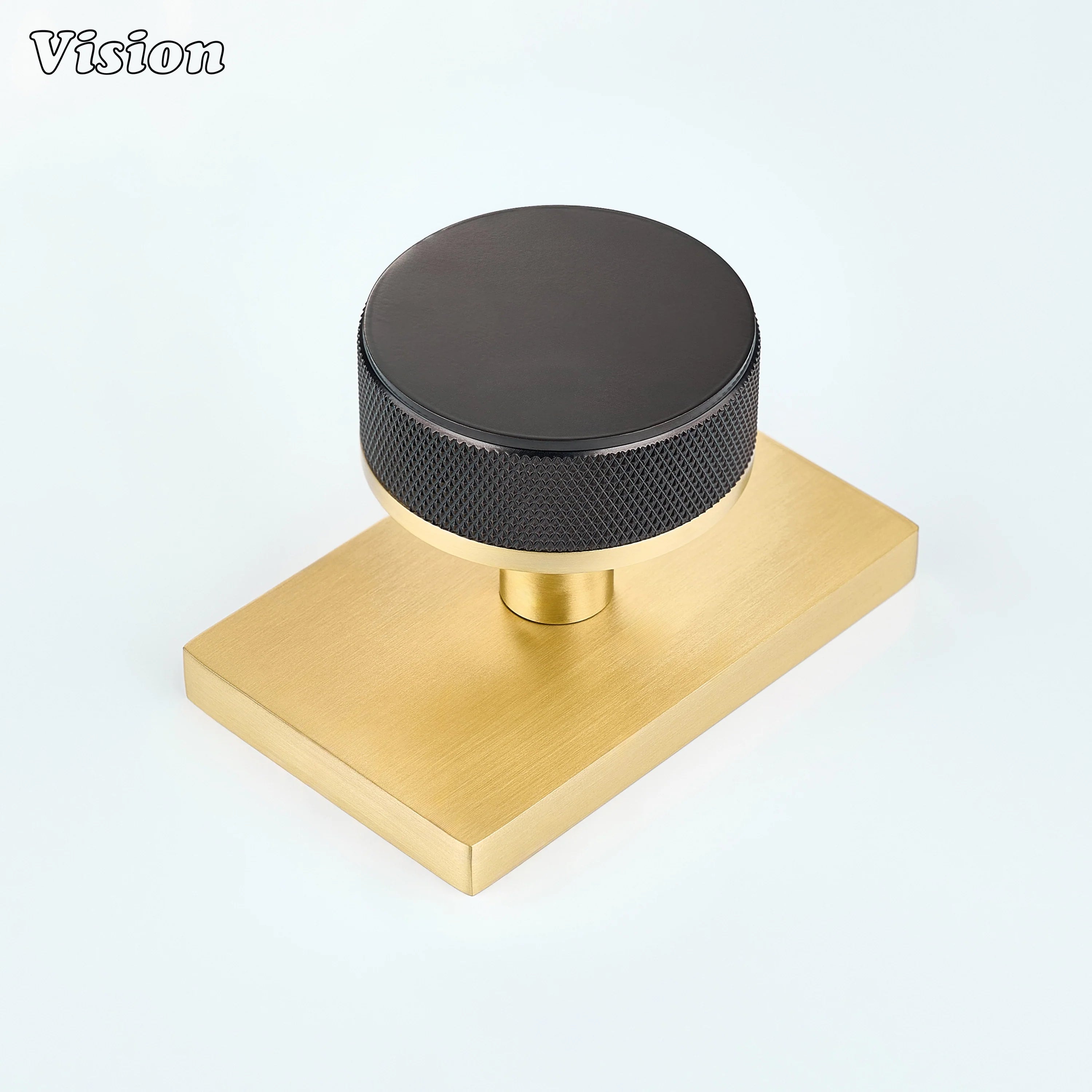 Oil Rubbed Bronze and Gold knurled round door knob with bronze knob and gold rectangular backplate