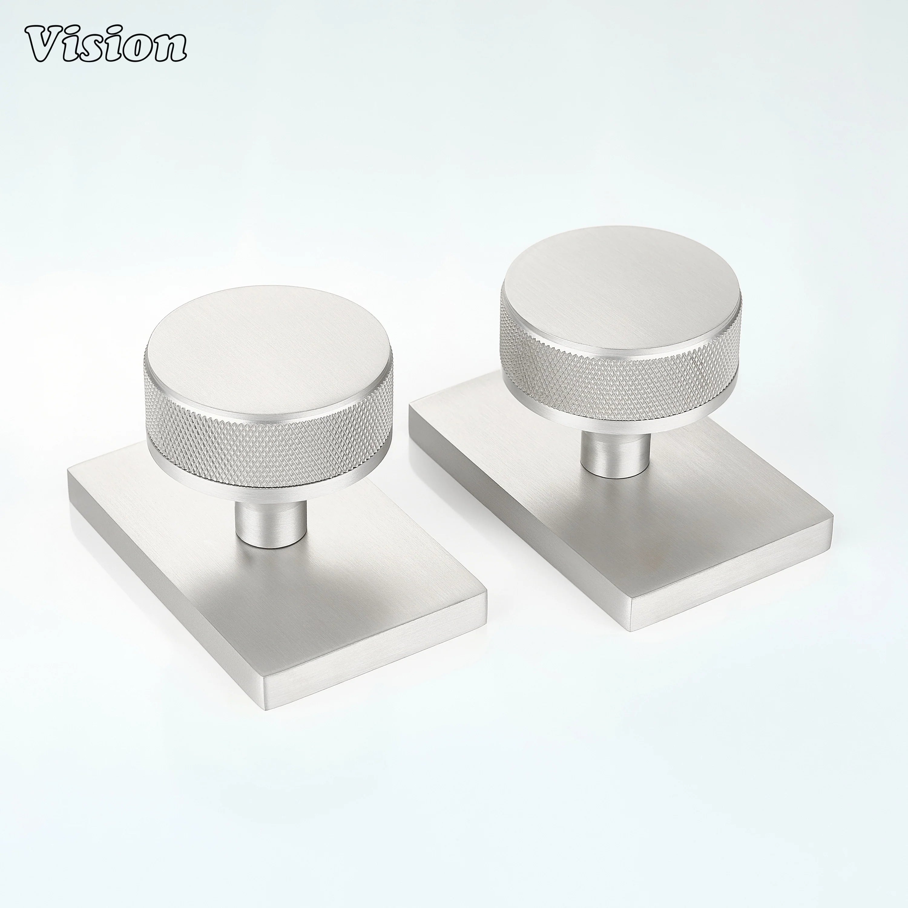 Silver round knurled door knob with square plate for minimalist spaces