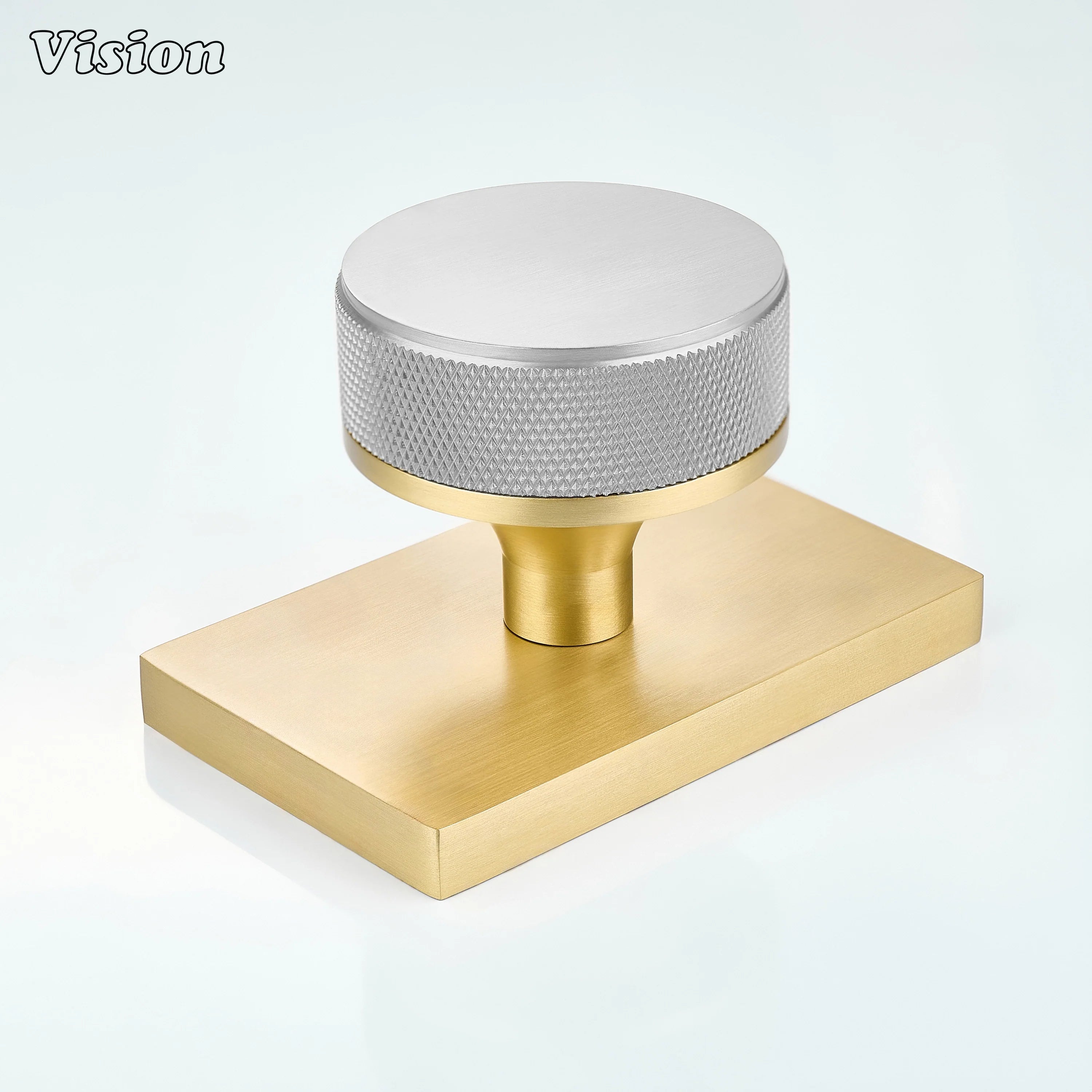 Silver and Gold knurled round door knob with silver knob and gold rectangular backplate