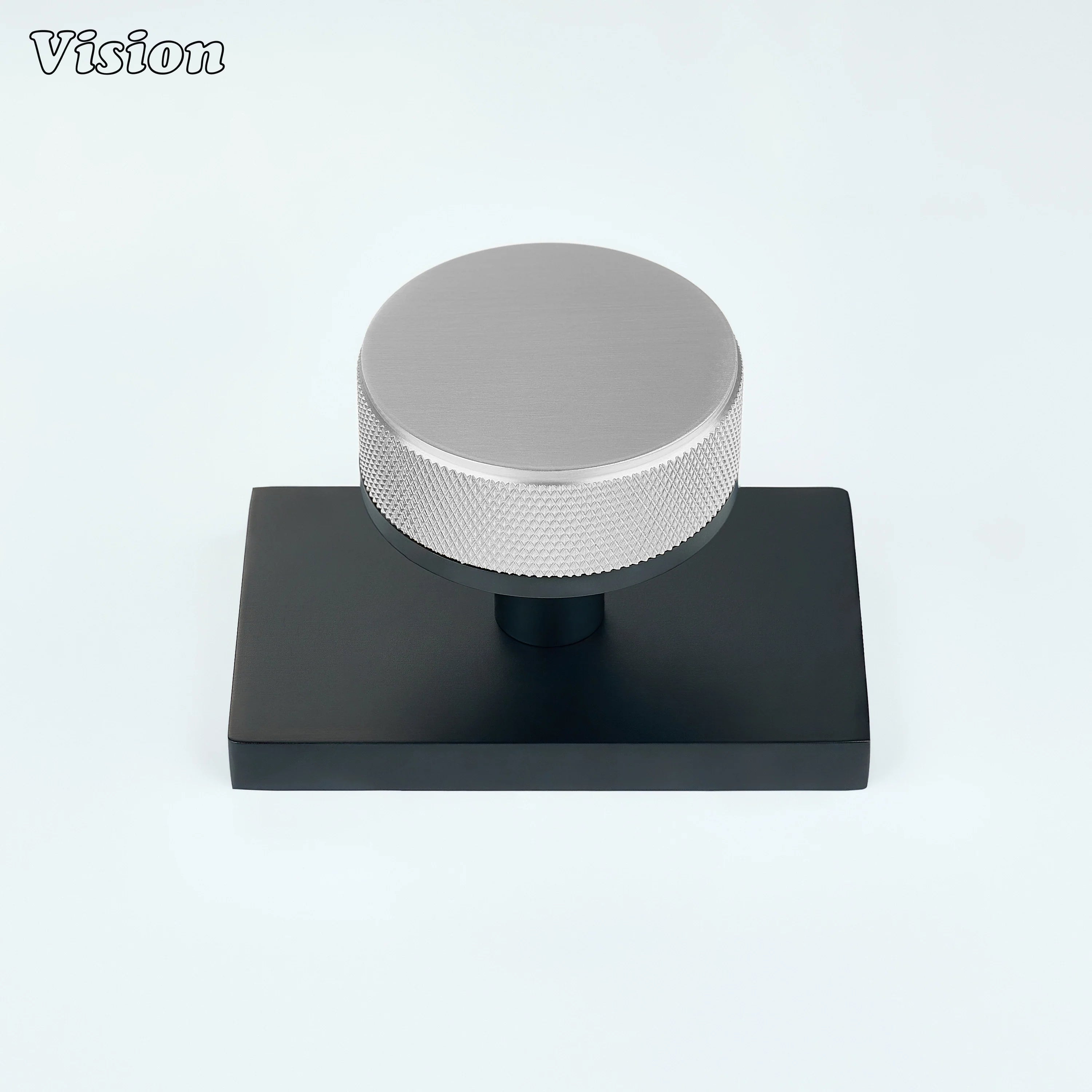 Silver and Black knurled round door knob for industrial spaces
