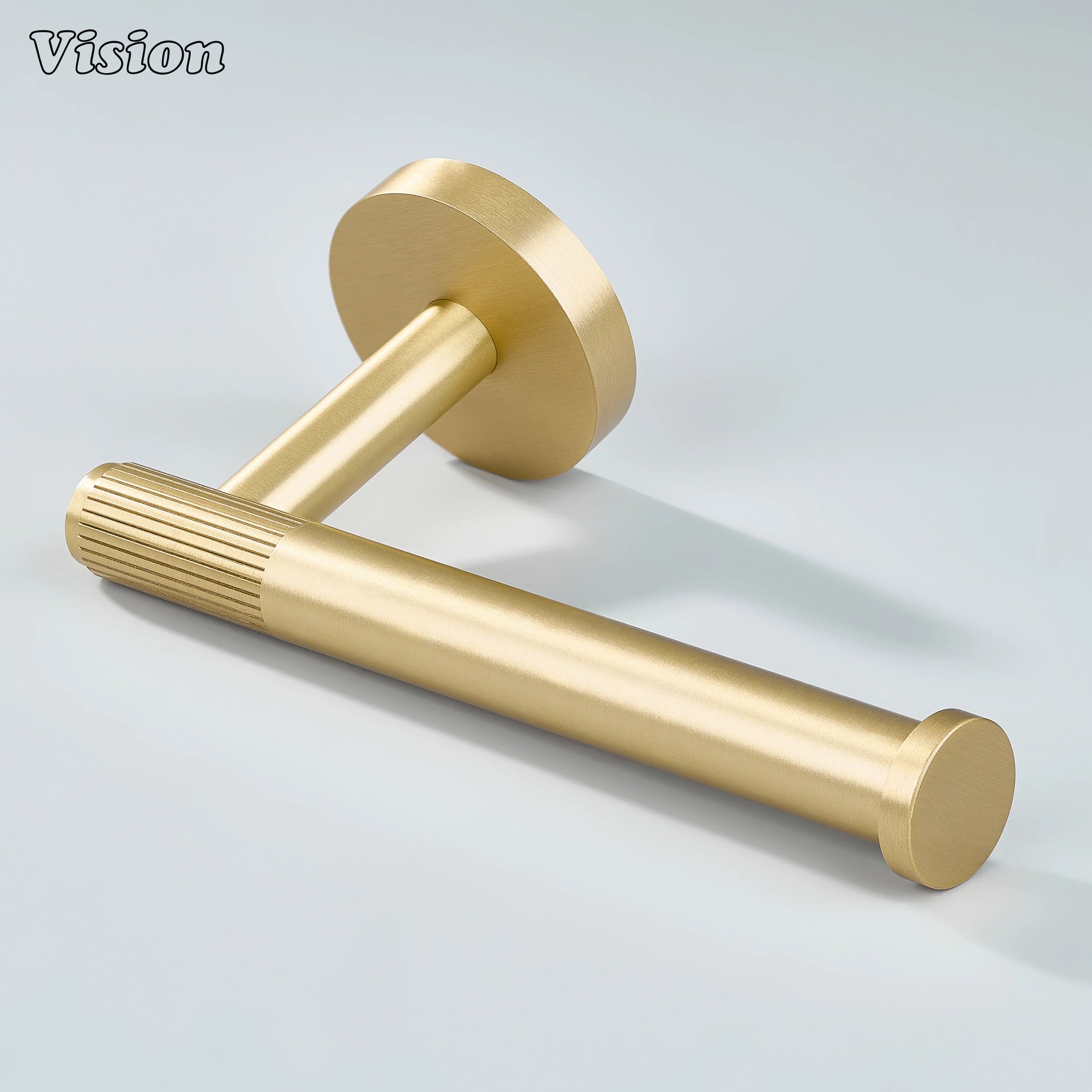 Linear knurled brass toilet paper holder Gold with cylindrical bar for wall mounting