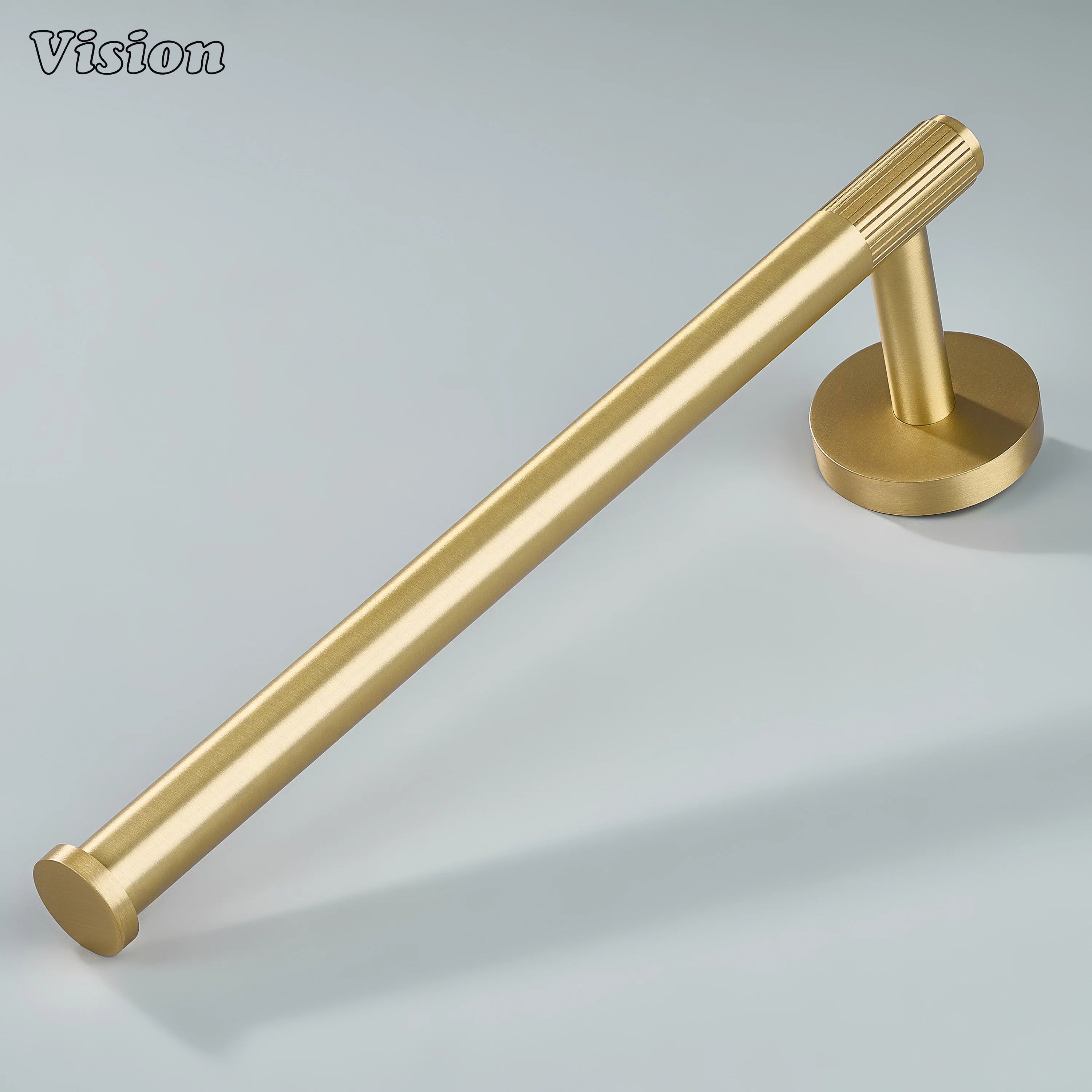 Gold brass towel holder with linear knurled bar design for modern bathroom towel hanging