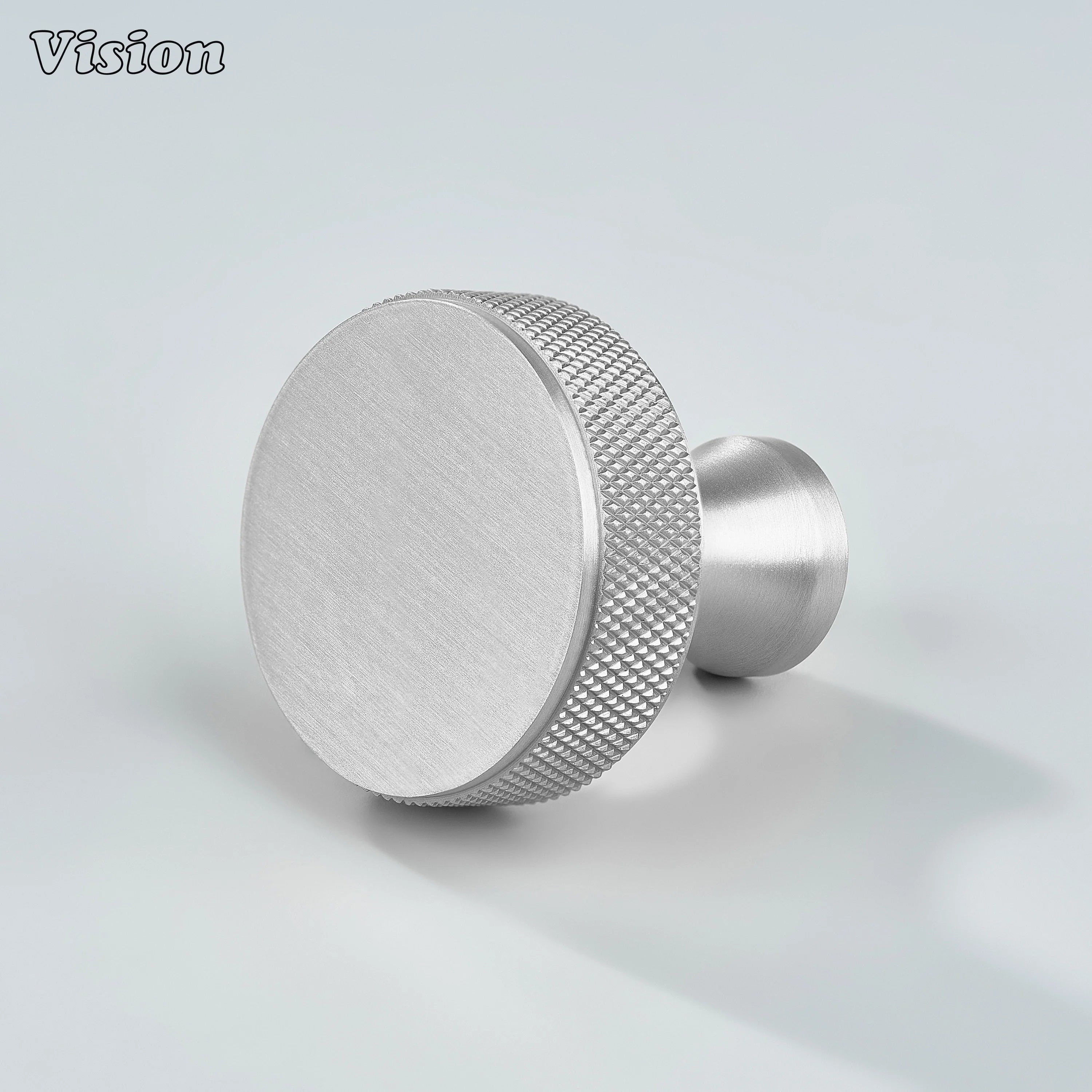 Knurled round cabinet knob in Silver finish with textured edge for kitchen cabinets