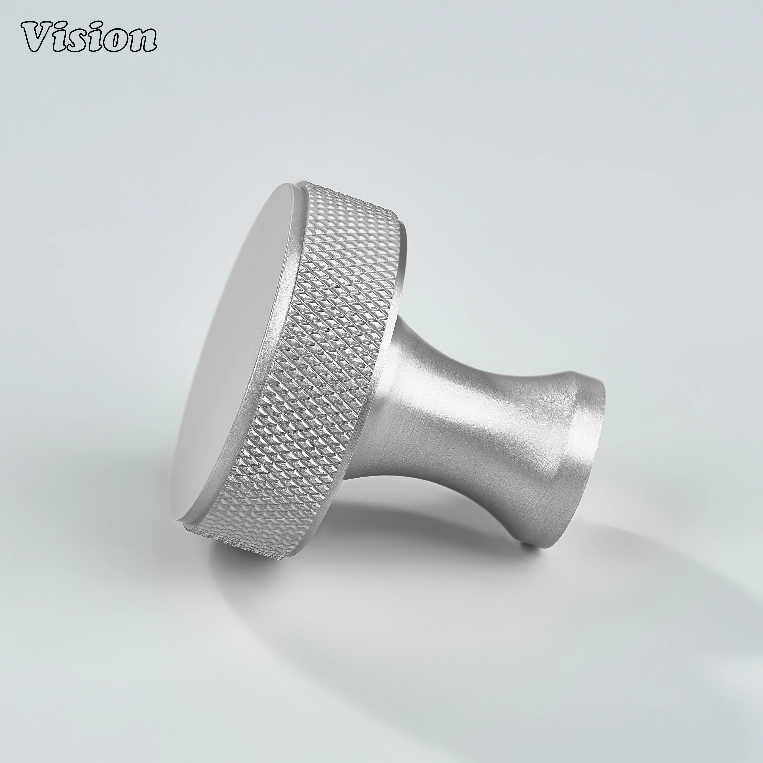 Silver finish round cabinet knob with textured edge for kitchen drawers