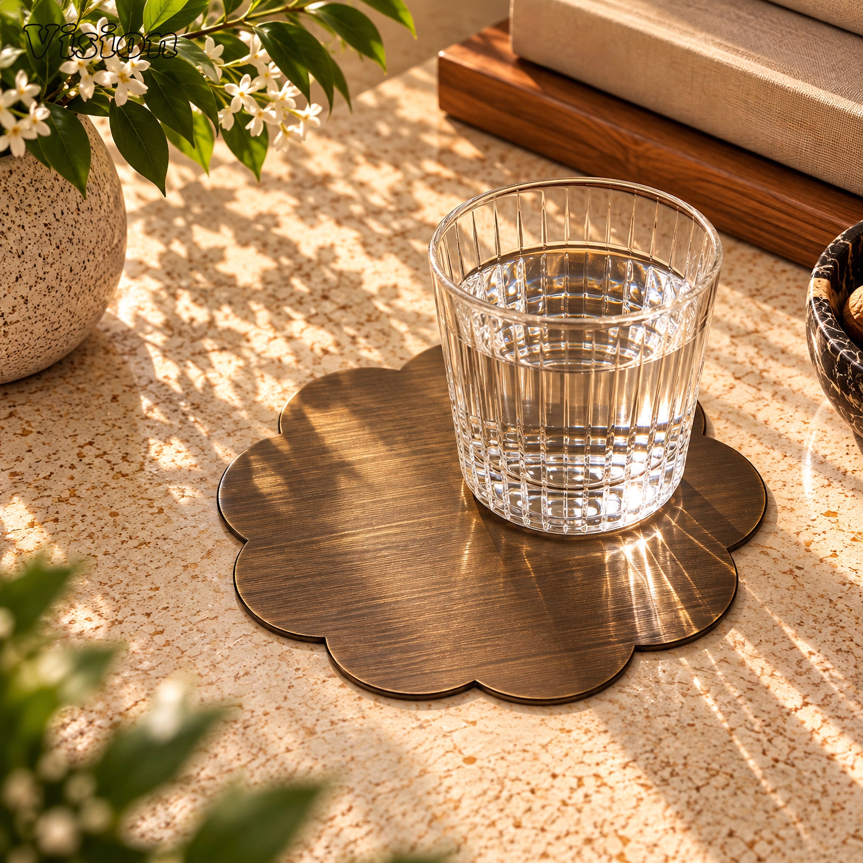 Scalloped antique bronze tabletop coaster featuring a sleek botanical silhouette on a luxury wooden bar cart