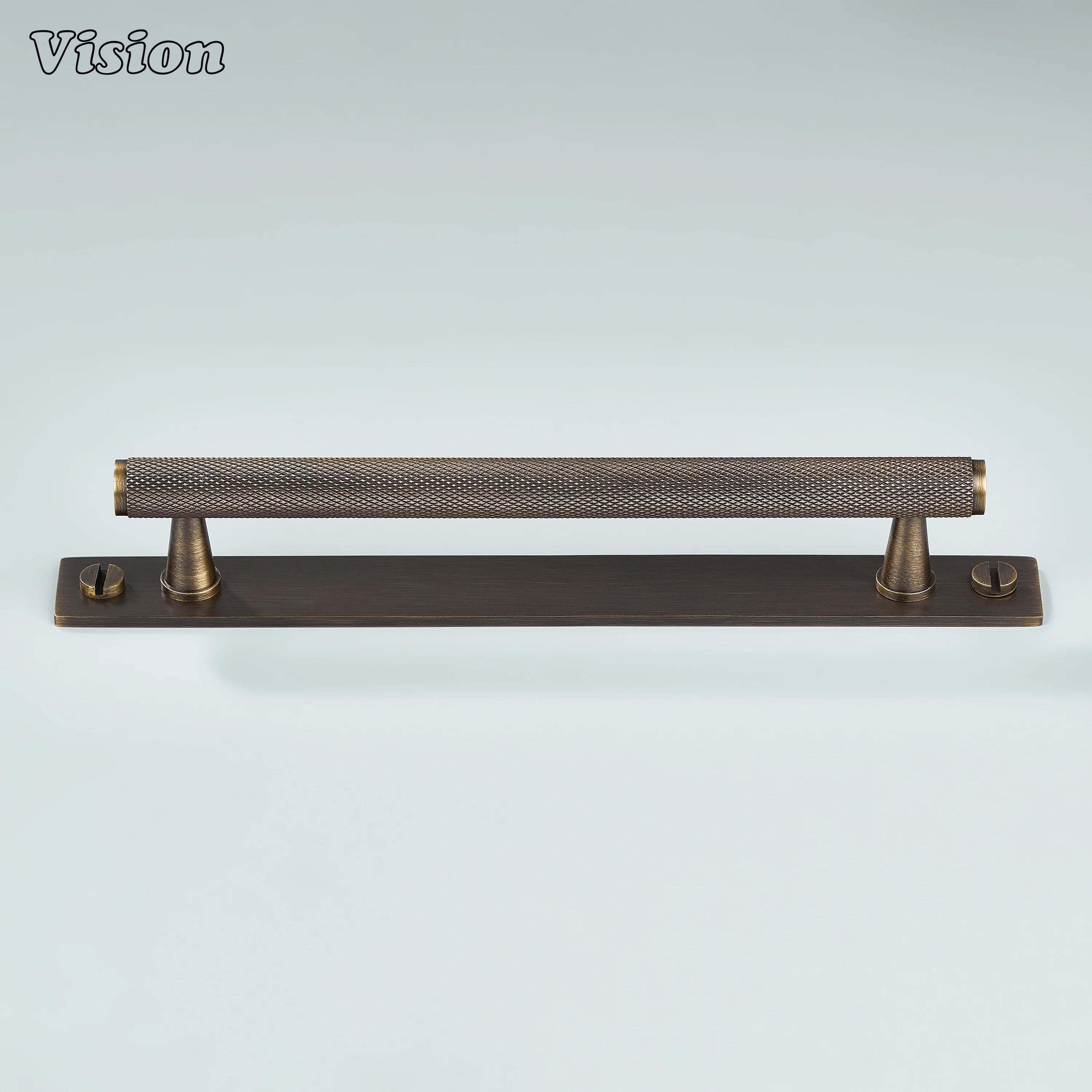 Knurled Antique Bronze cabinet handle mounted on furniture panels