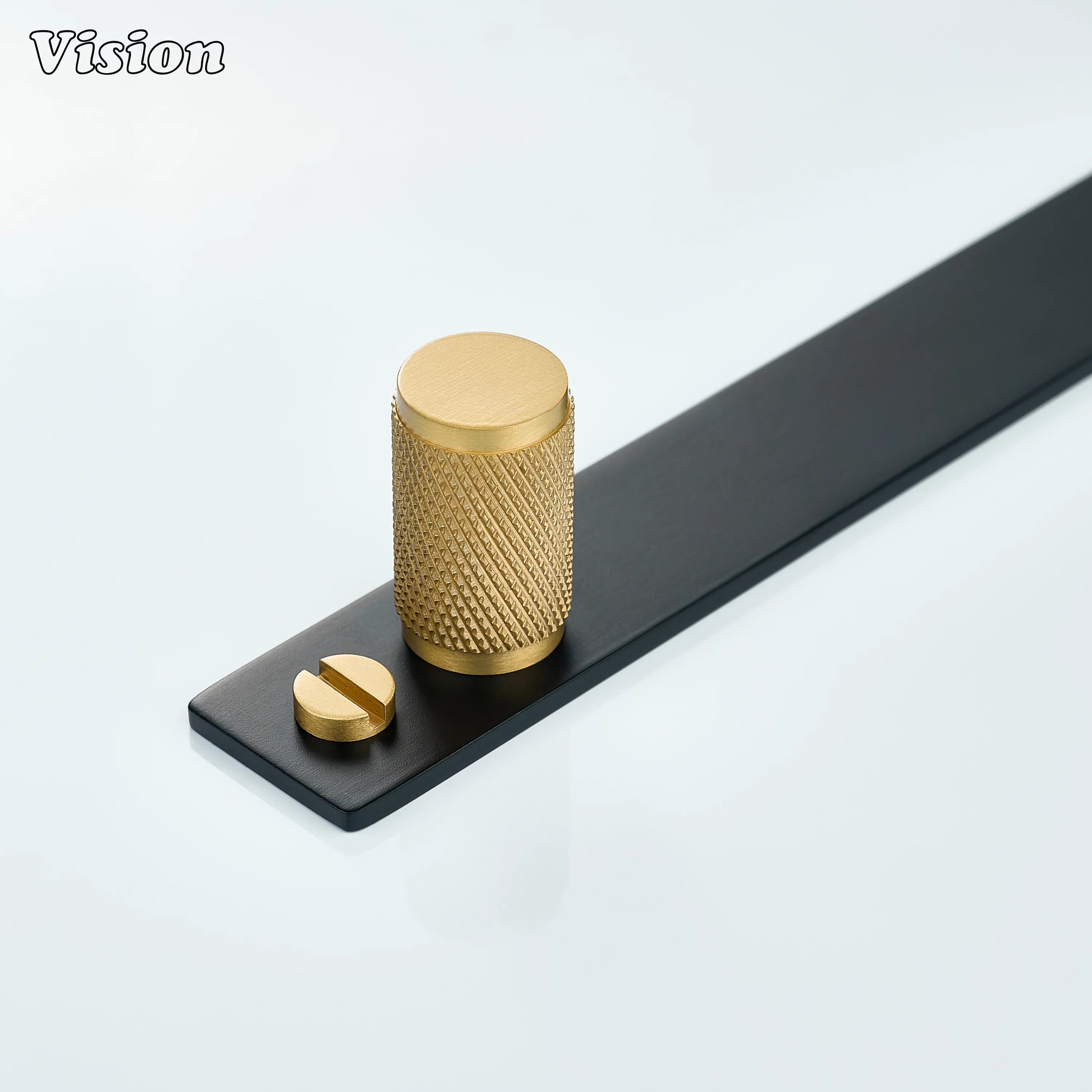 Gold and Black cabinet knob featuring knurled round cylinder with contrasting backplate for wardrobes
