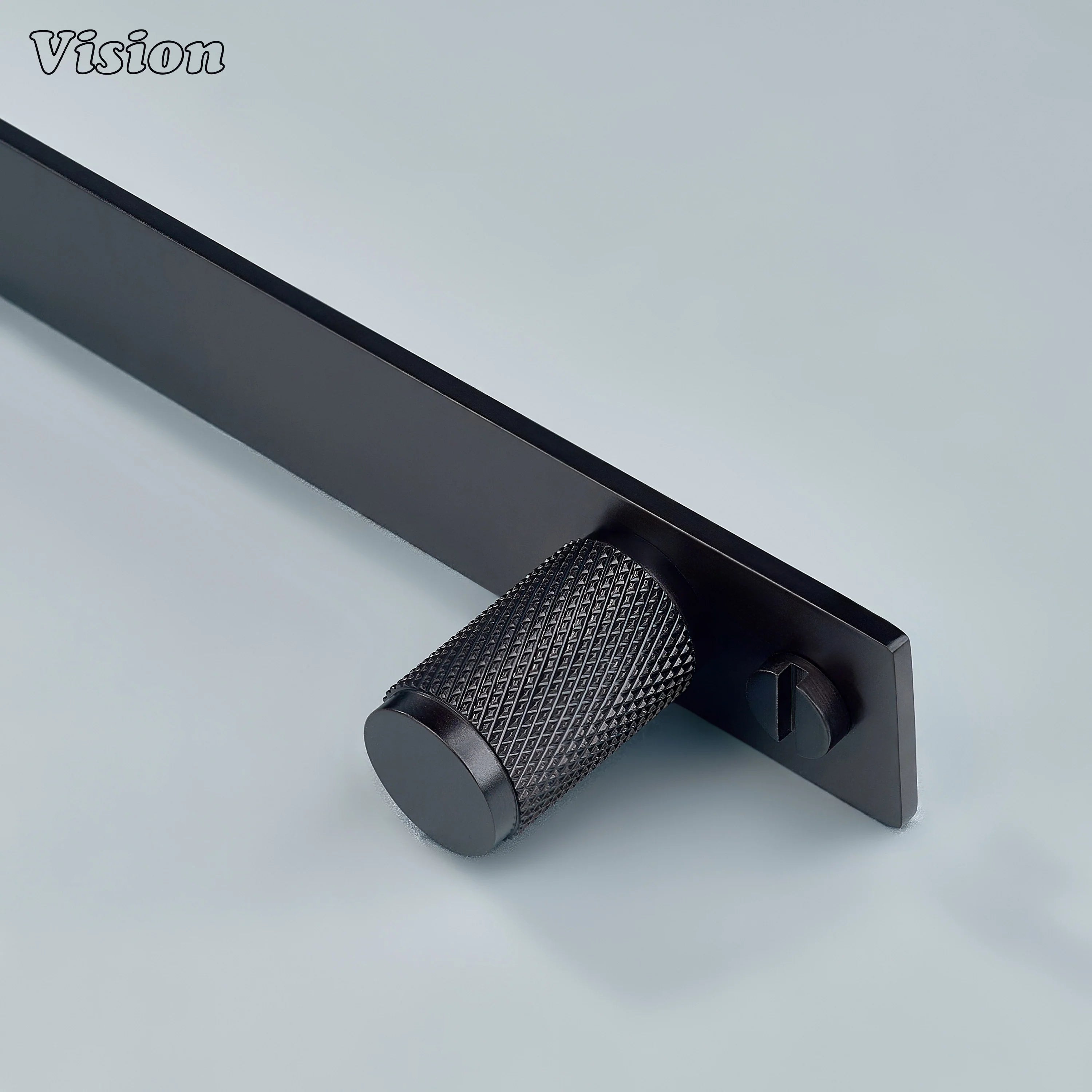 Oil Rubbed Bronze knurled cabinet knob on rectangular backplate for storage cabinetry