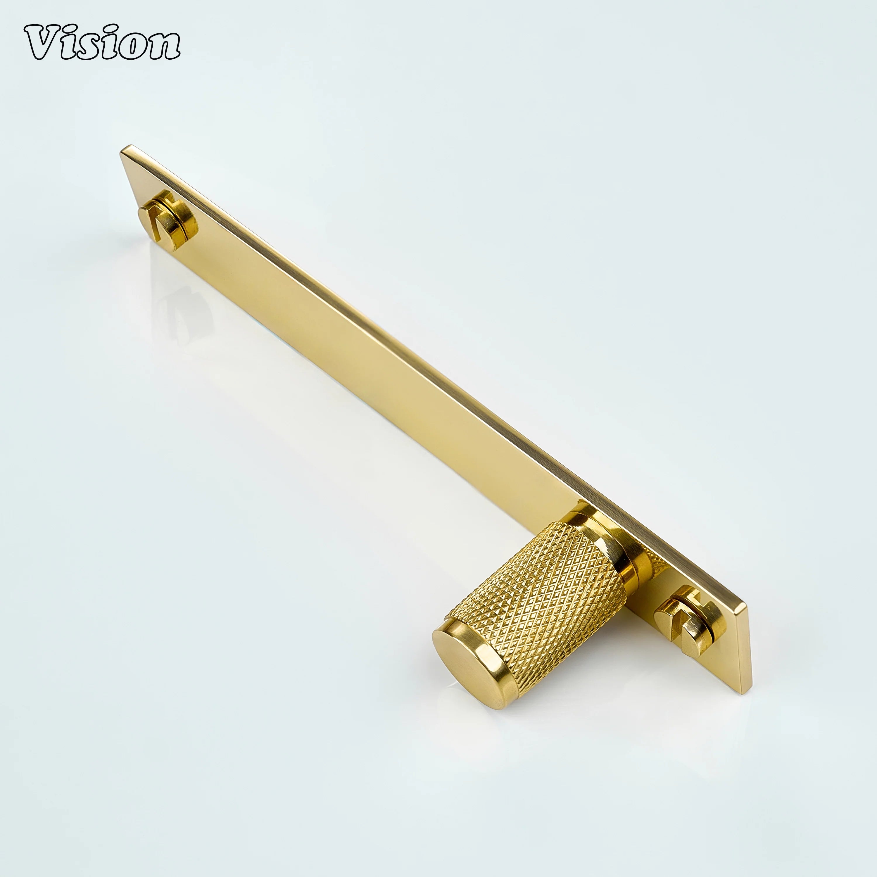 Polished Brass lacquered knurled cabinet knob with rectangular base for storage cabinetry