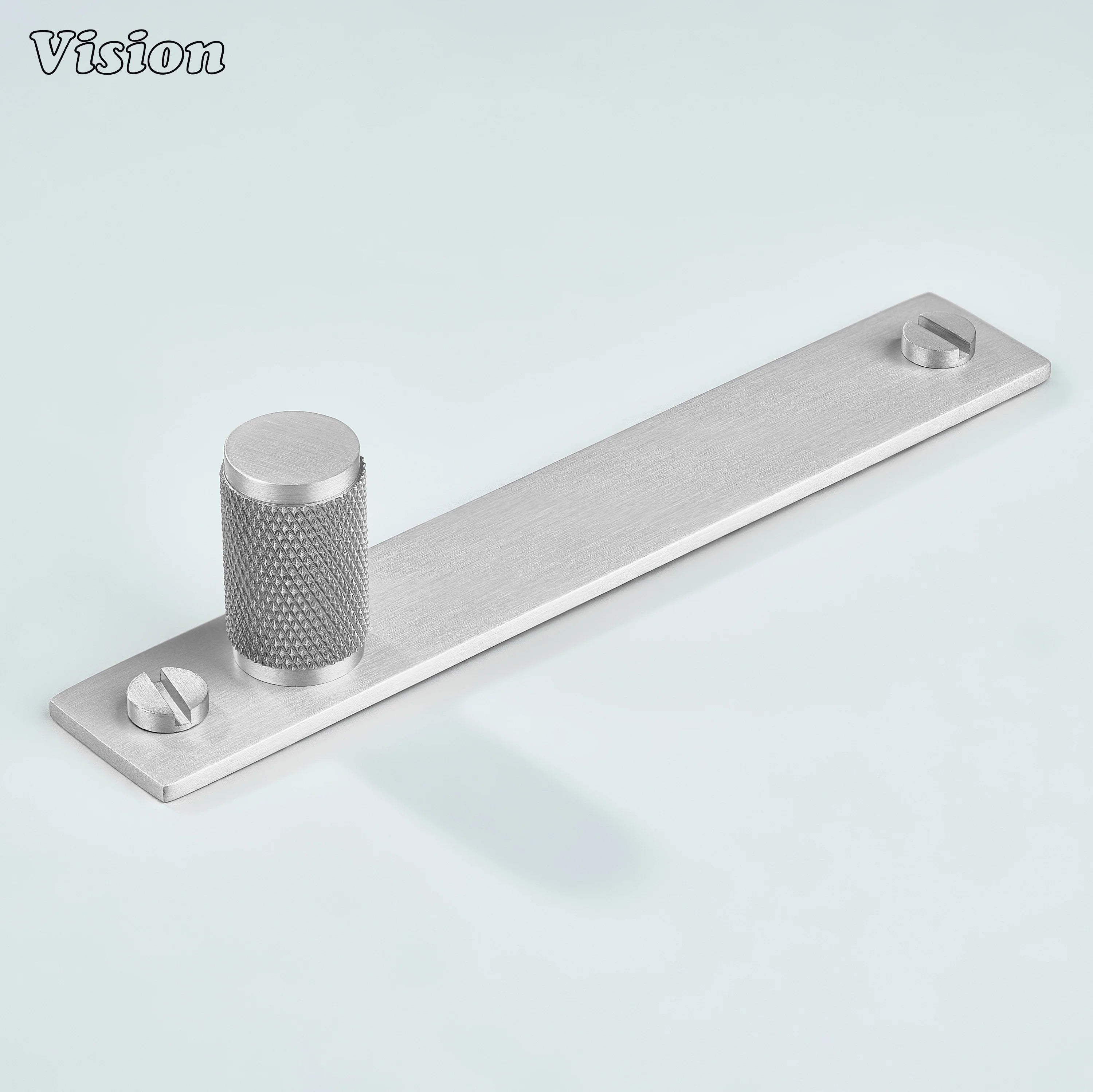 Silver knurled cabinet knob with cylindrical brass profile for modern kitchen cabinets