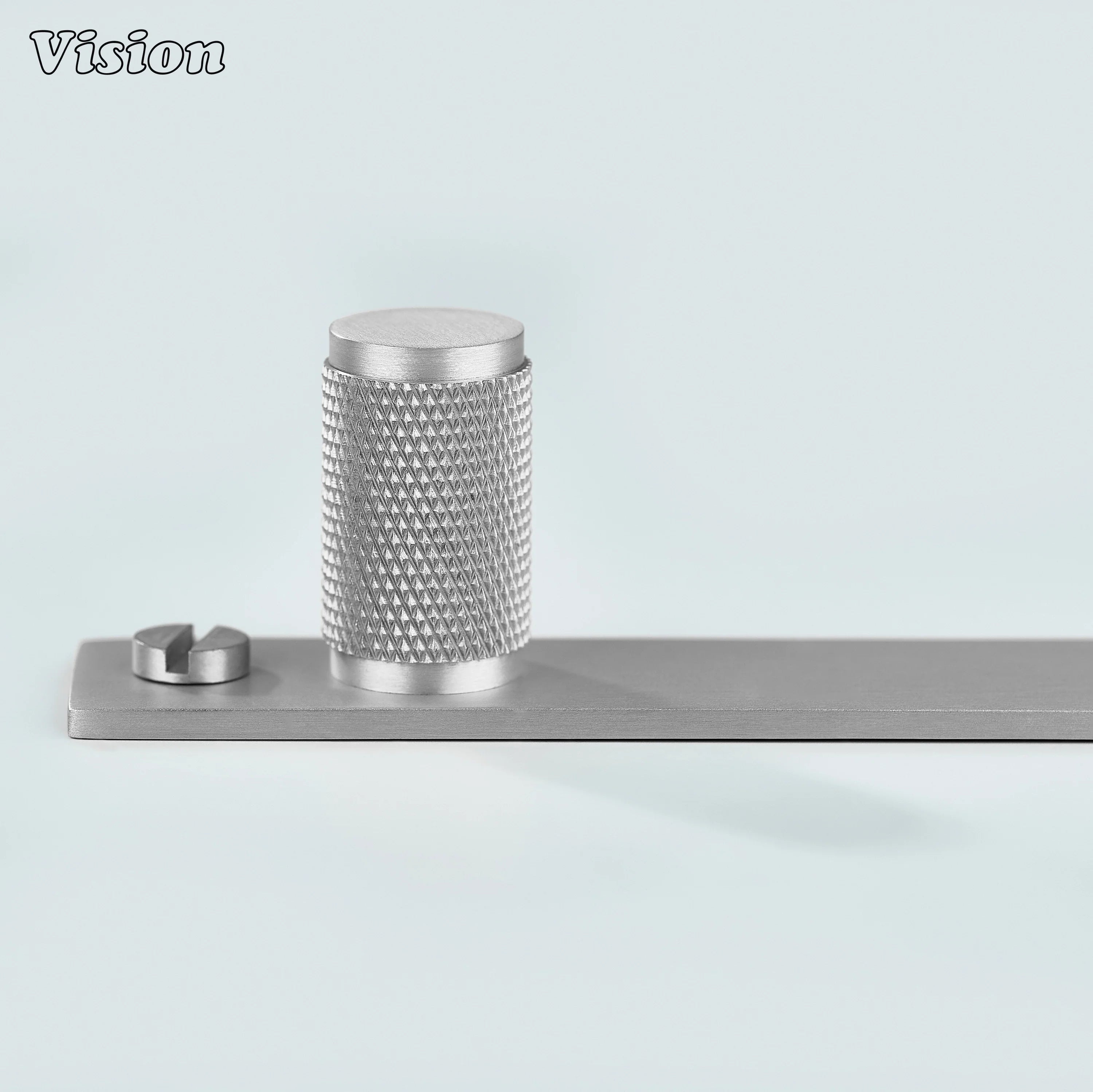 Silver knurled cabinet knob with round brass cylinder for interior furniture
