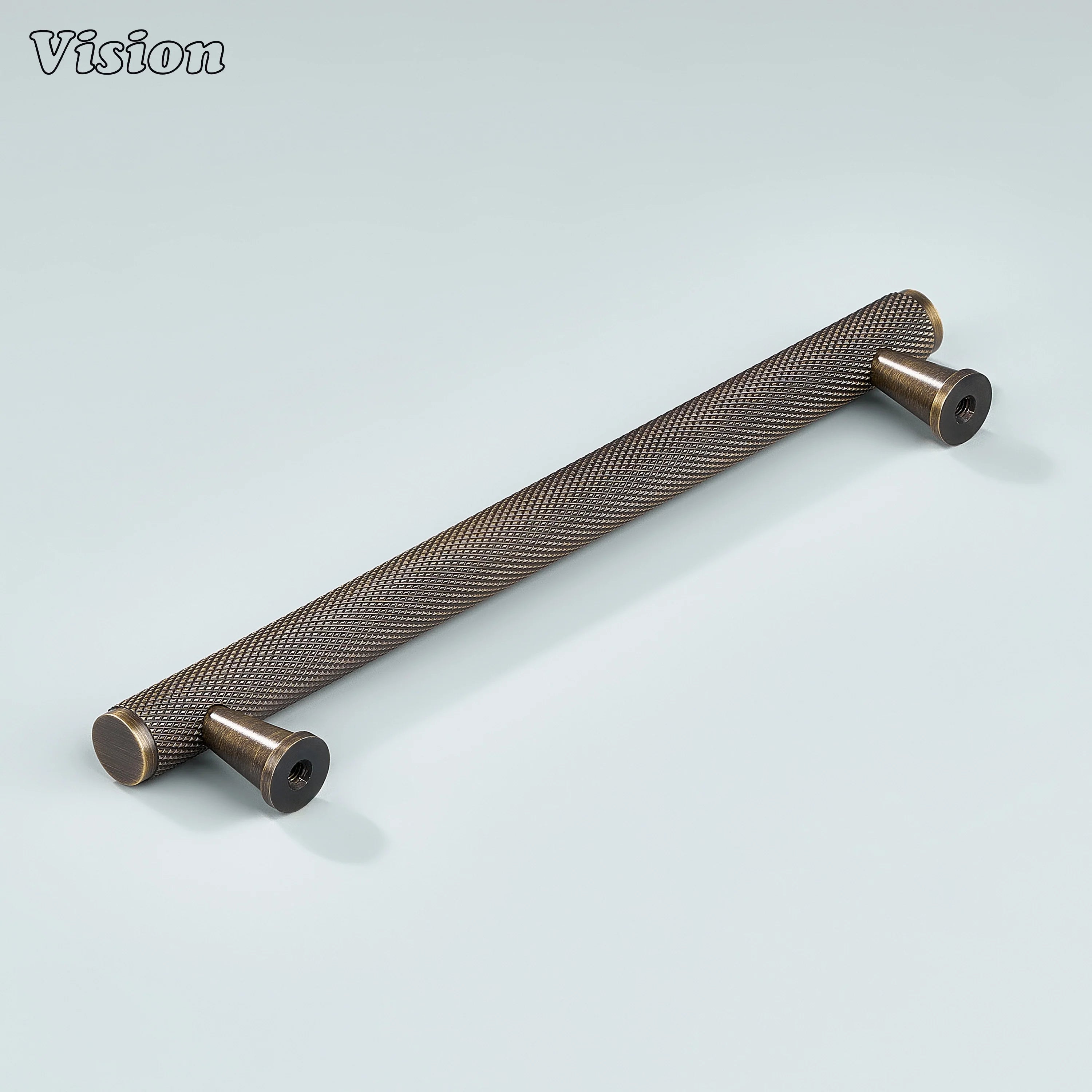 Antique bronze cabinet handle mounted on bathroom cabinets.