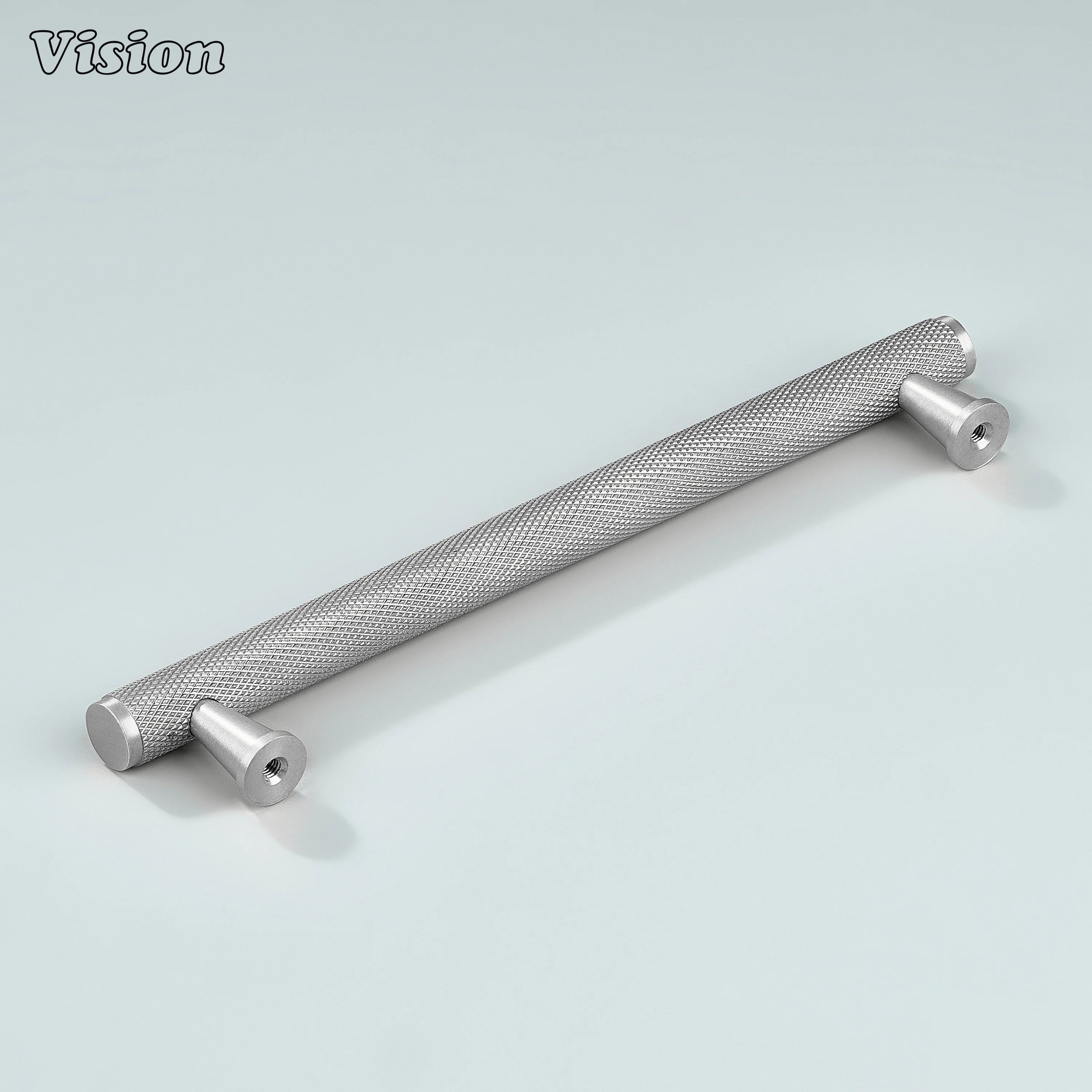 Silver knurled handle mounted on bathroom cabinets.