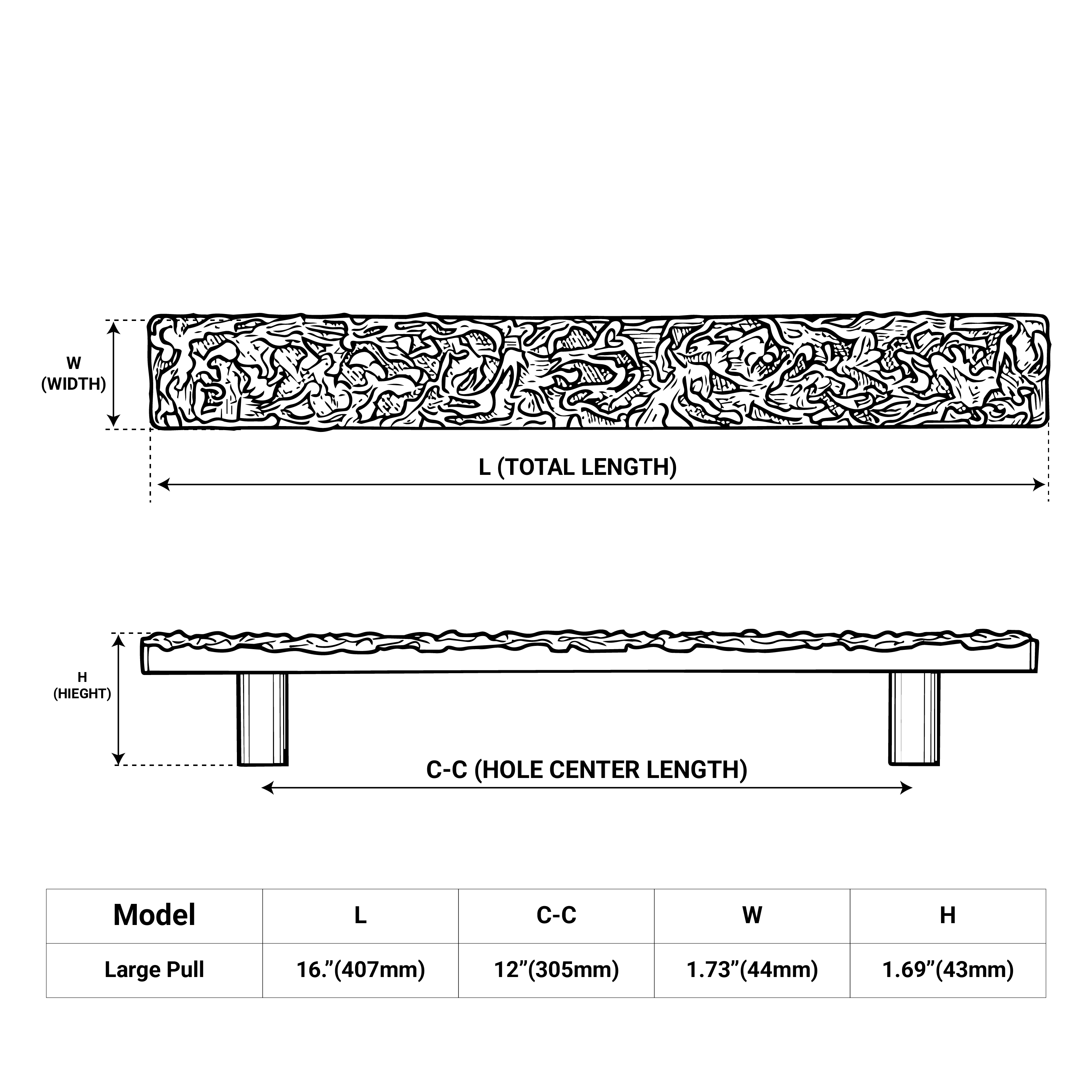 Antique bronze appliance pull featuring a tactile organic surface for luxury statement armoires