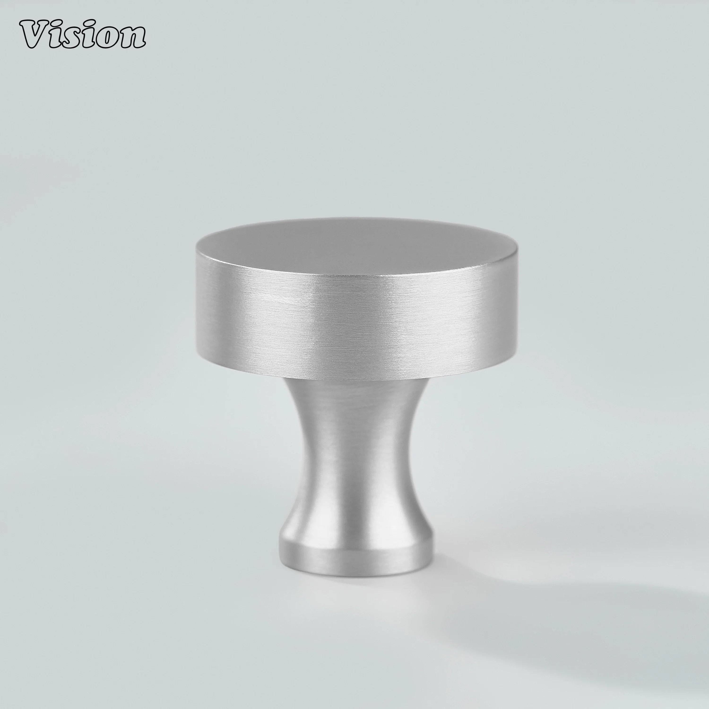 Silver plain round cabinet knob with flat face and curved stem for cabinets
