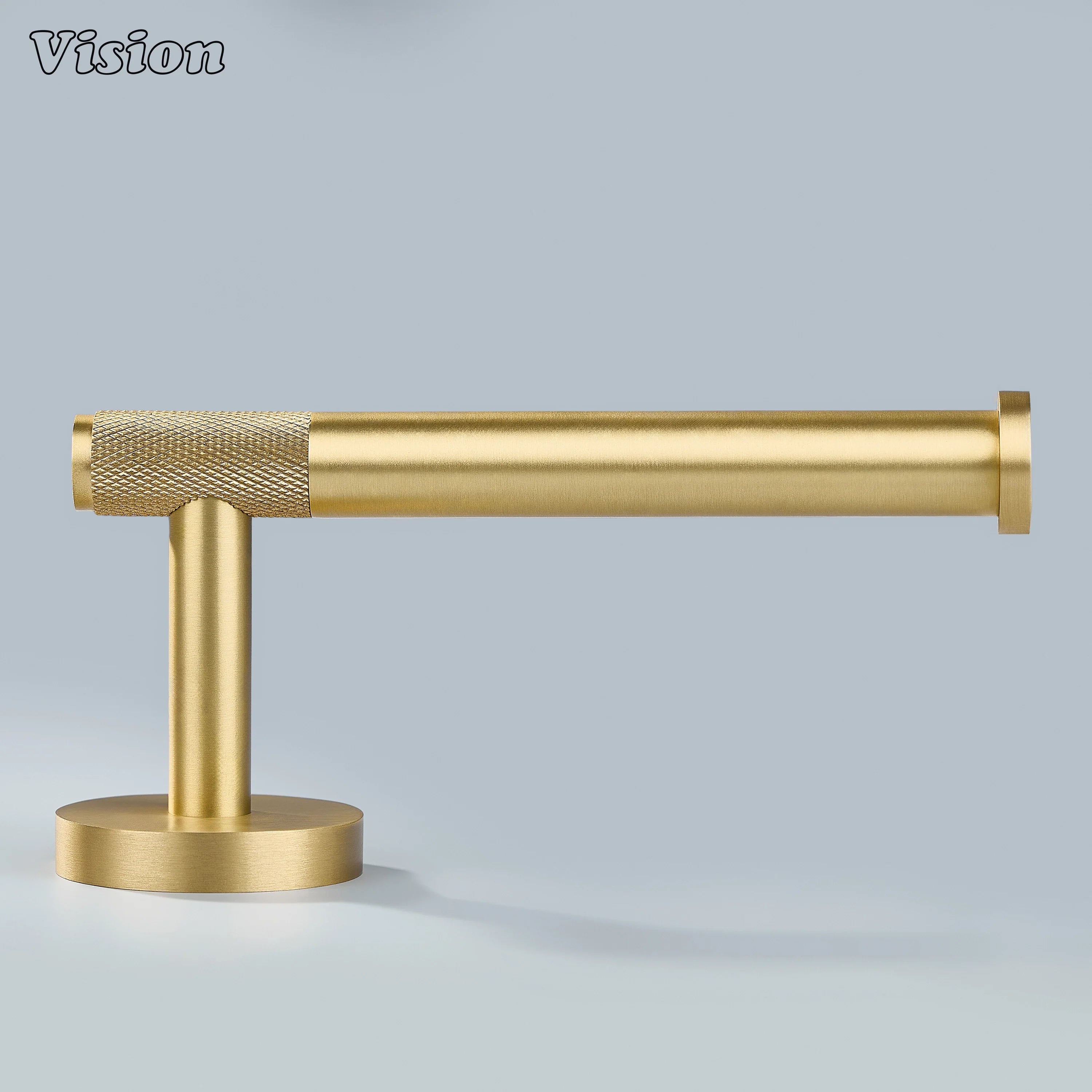 Gold knurled brass toilet paper holder featuring cylindrical bar design for residential washrooms