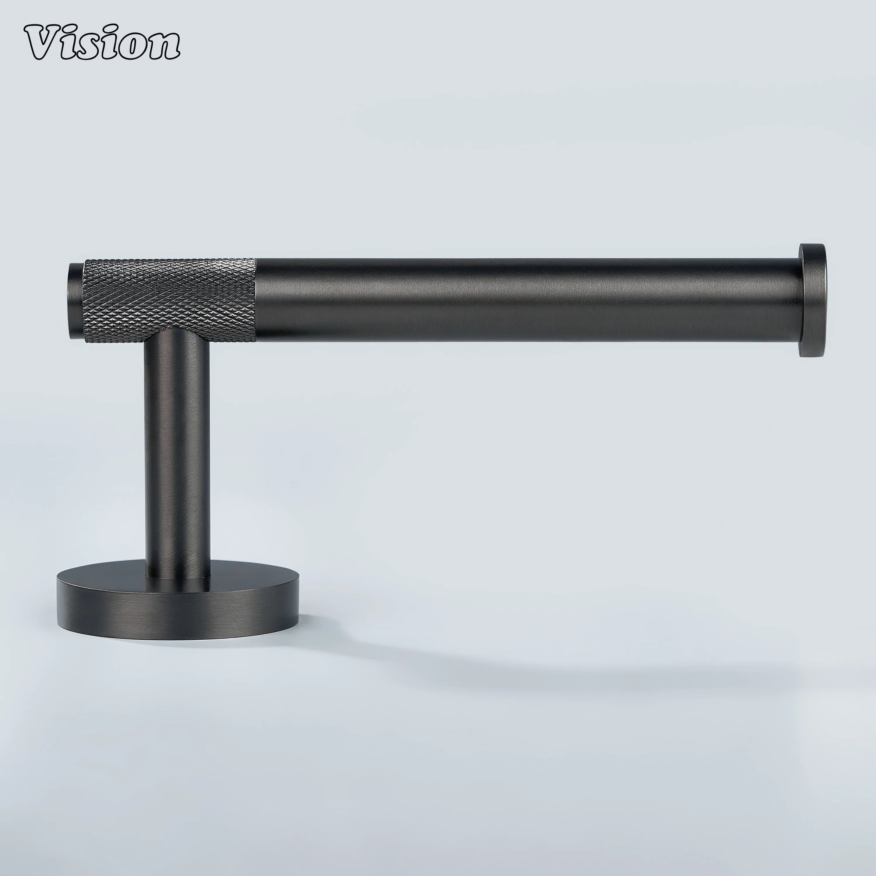 Gunmetal knurled brass toilet paper holder featuring cylindrical bar