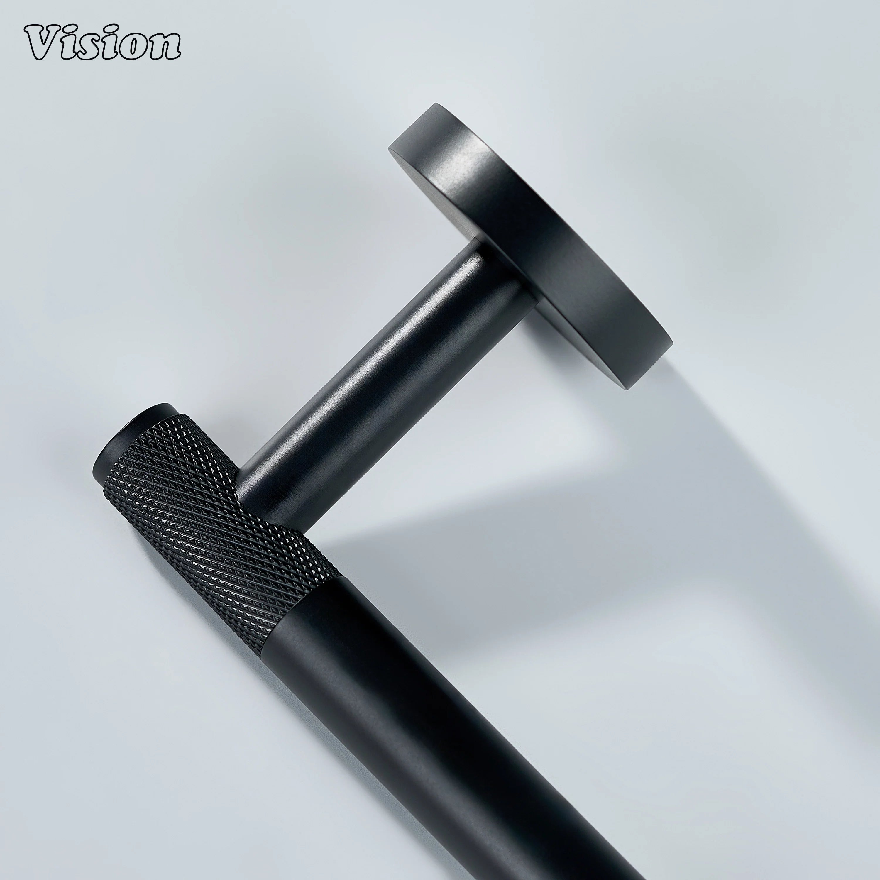 Minimal black brass towel holder with knurled bar profile