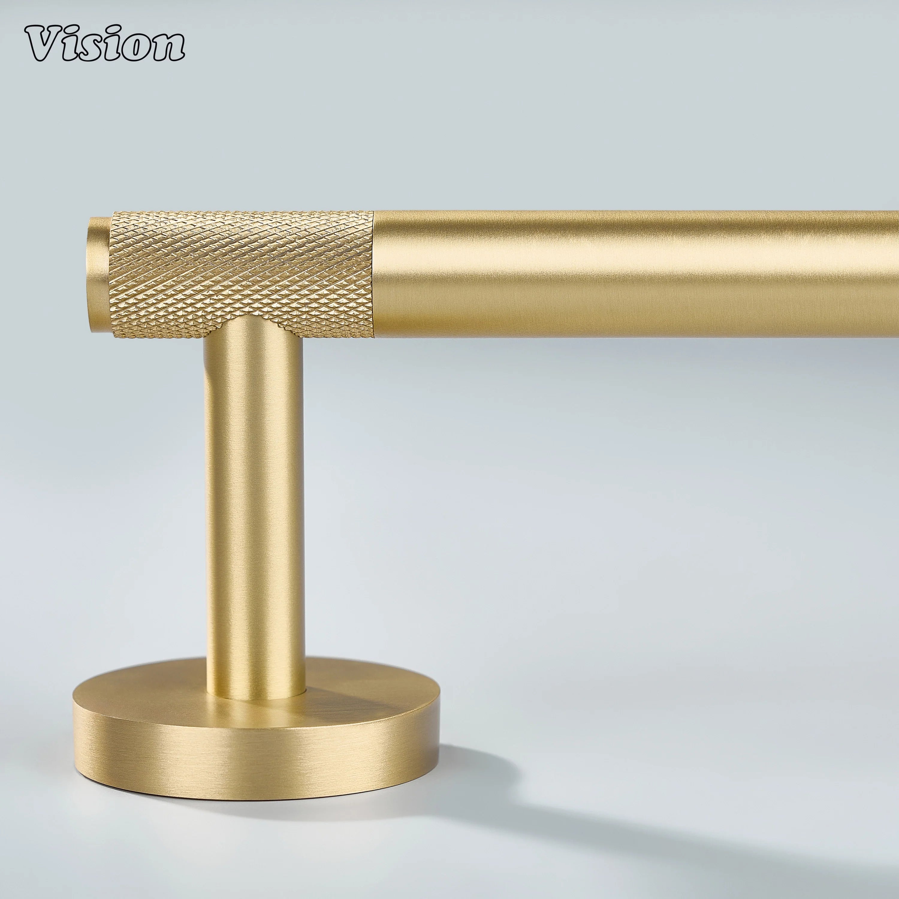 Gold finish solid brass towel holder with knurled bar detail for bathroom interiors