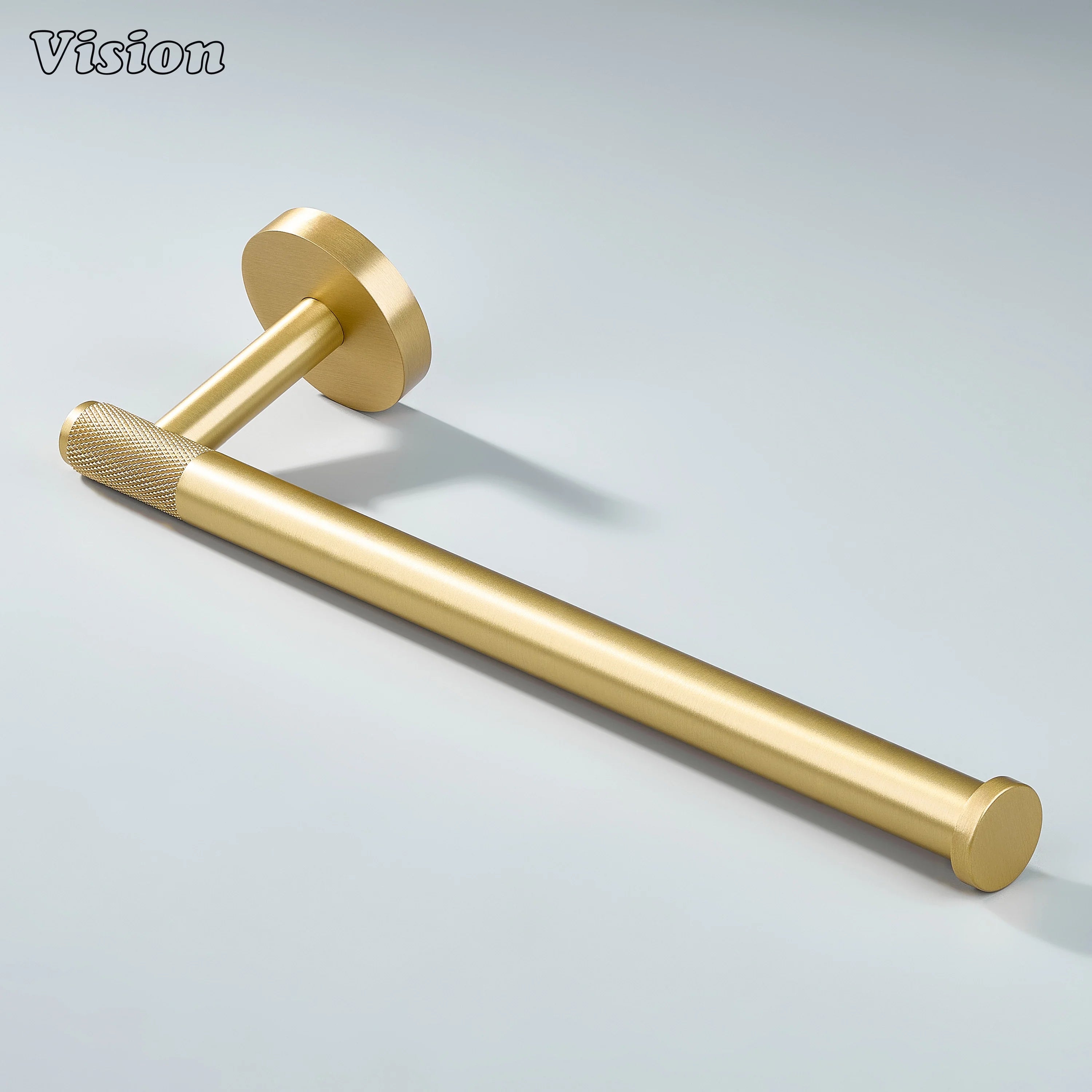 Gold finish brass towel holder with knurled bar and solid round mounting plate for bathrooms