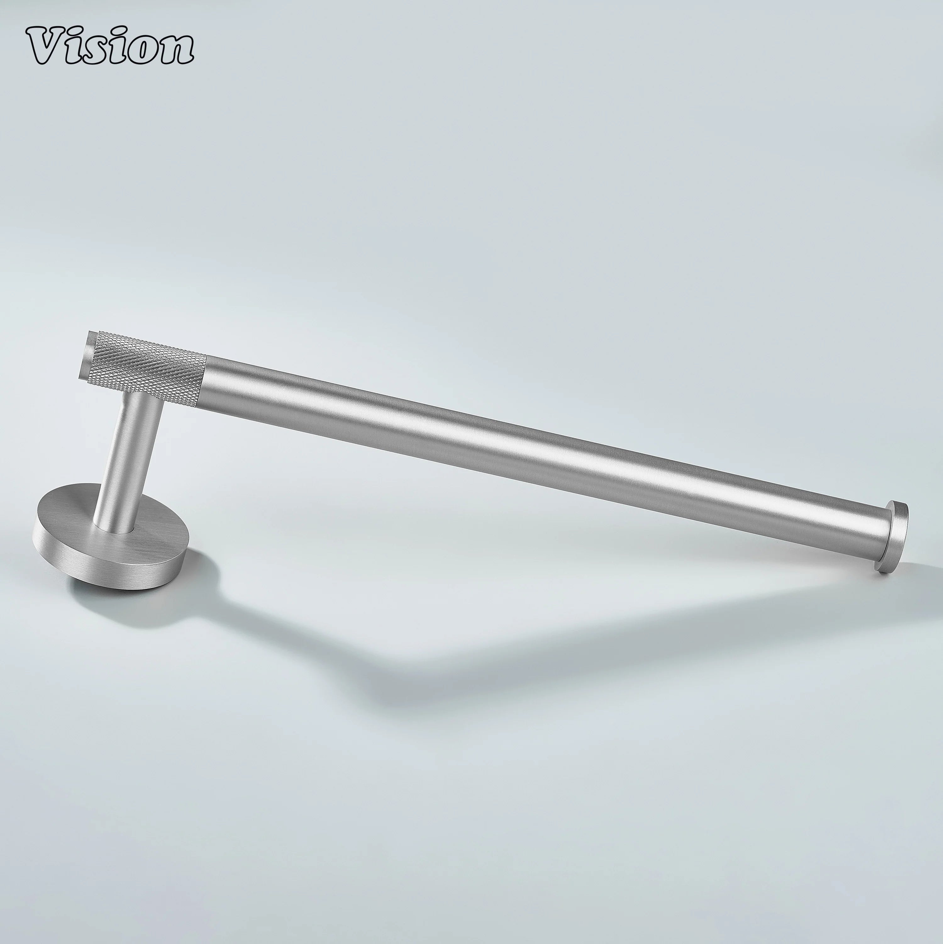 Modern silver finish brass towel holder featuring cylindrical knurled bar